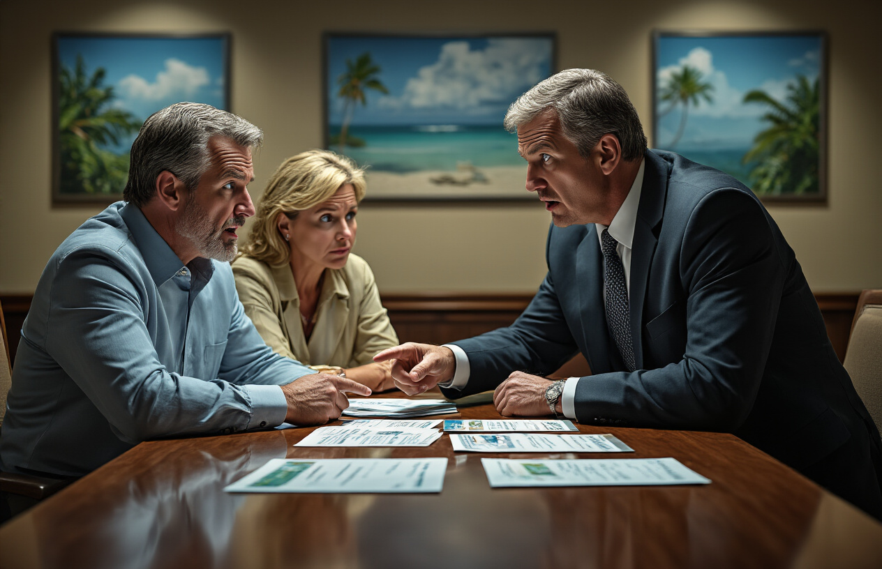 Create a realistic image of a high-pressure timeshare sales presentation scene showing a middle-aged white male salesperson in a business suit aggressively leaning forward across a polished conference table toward a concerned-looking middle-aged white couple, with the salesperson's finger pointing at scattered brochures and contracts on the table, set in a dimly lit resort conference room with tropical resort posters on the walls, creating a tense and uncomfortable atmosphere with dramatic shadows and harsh overhead lighting that emphasizes the predatory nature of the sales tactics, absolutely NO text should be in the scene.