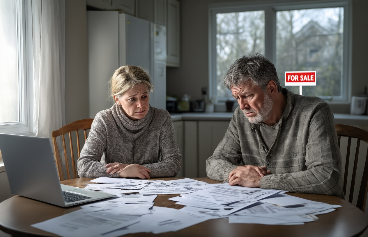 Create a realistic image of a distressed white middle-aged couple sitting at a kitchen table surrounded by scattered real estate documents, rejection letters, and a laptop screen showing declining property values, with a "For Sale" sign visible through a window in the background, dim indoor lighting creating shadows across their worried faces, conveying frustration and financial stress in a modest home interior with neutral colors and subdued atmosphere, absolutely NO text should be in the scene.