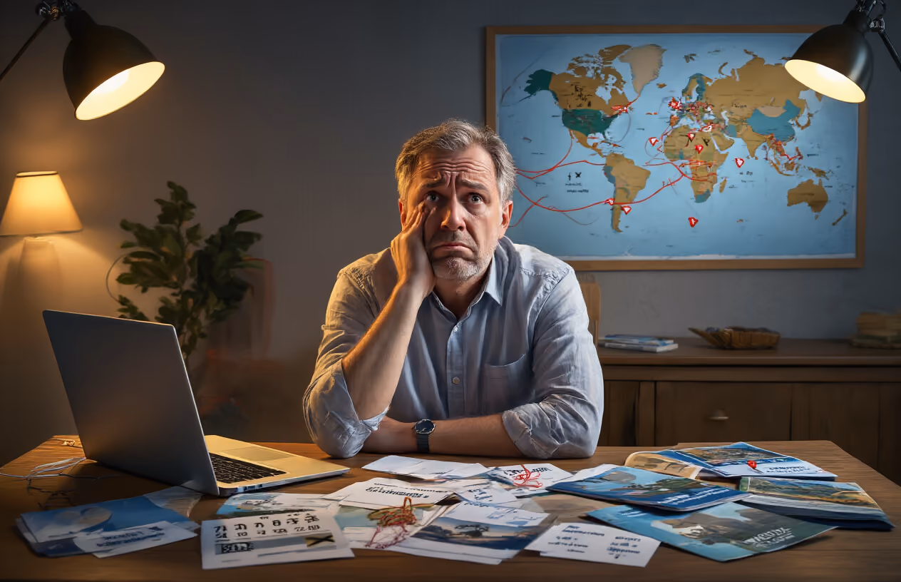 Create a realistic image of a middle-aged white male sitting at a wooden desk looking frustrated and confused while surrounded by scattered vacation brochures, travel calendars with X marks through dates, and rejection letters, with a laptop screen showing "booking unavailable" messages, set in a dimly lit home office with warm overhead lighting casting shadows that emphasize his disappointment, with a large world map on the wall behind him showing multiple destination pins connected by tangled red strings representing broken travel promises, absolutely NO text should be in the scene.