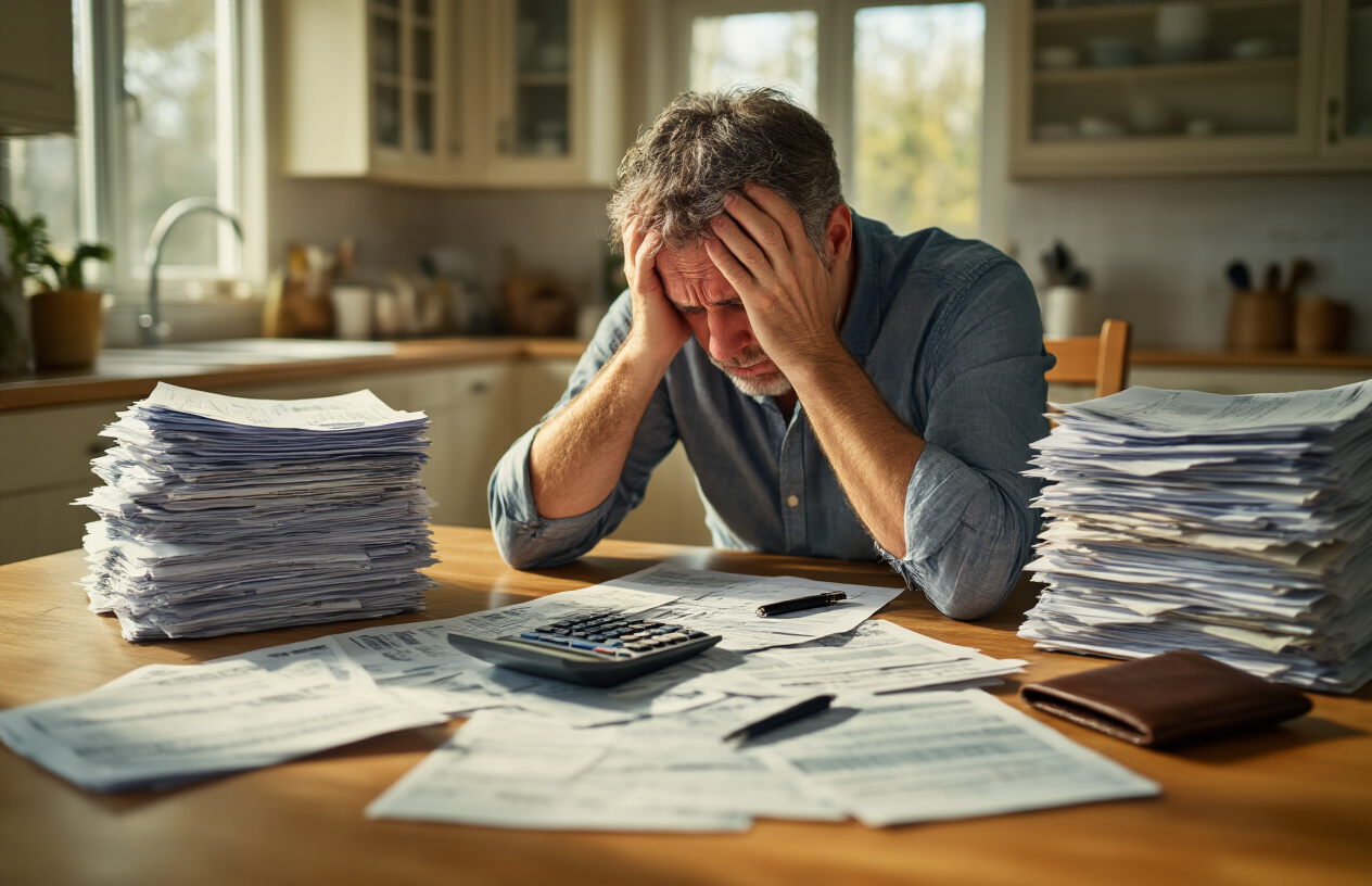 Create a realistic image of a stressed middle-aged white male sitting at a kitchen table surrounded by stacks of unpaid bills, invoices, and financial documents, with a calculator and pen nearby, his head in his hands showing frustration and overwhelm, warm indoor lighting creating shadows that emphasize the weight of financial burden, papers scattered across the wooden table surface, a wallet lying open and empty in the corner, the scene conveying endless financial obligations and mounting debt pressure, absolutely NO text should be in the scene.