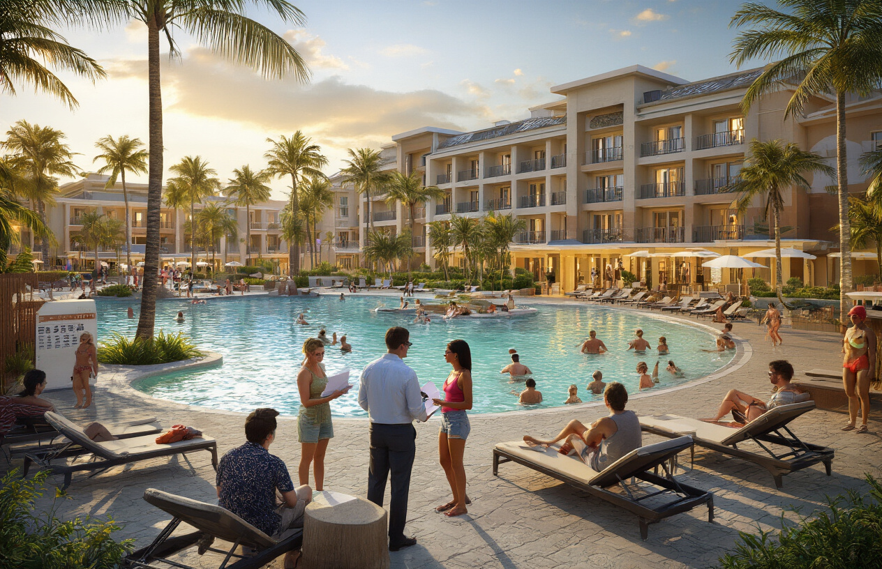 Create a realistic image of a modern resort property with multiple vacation condominiums and hotel buildings, featuring a large swimming pool area with lounge chairs and palm trees, where a diverse group of people including a white male in business attire holding documents and a black female in casual vacation wear are having a discussion near a resort information booth, with the scene set during golden hour lighting that creates an inviting yet slightly deceptive atmosphere, absolutely NO text should be in the scene.