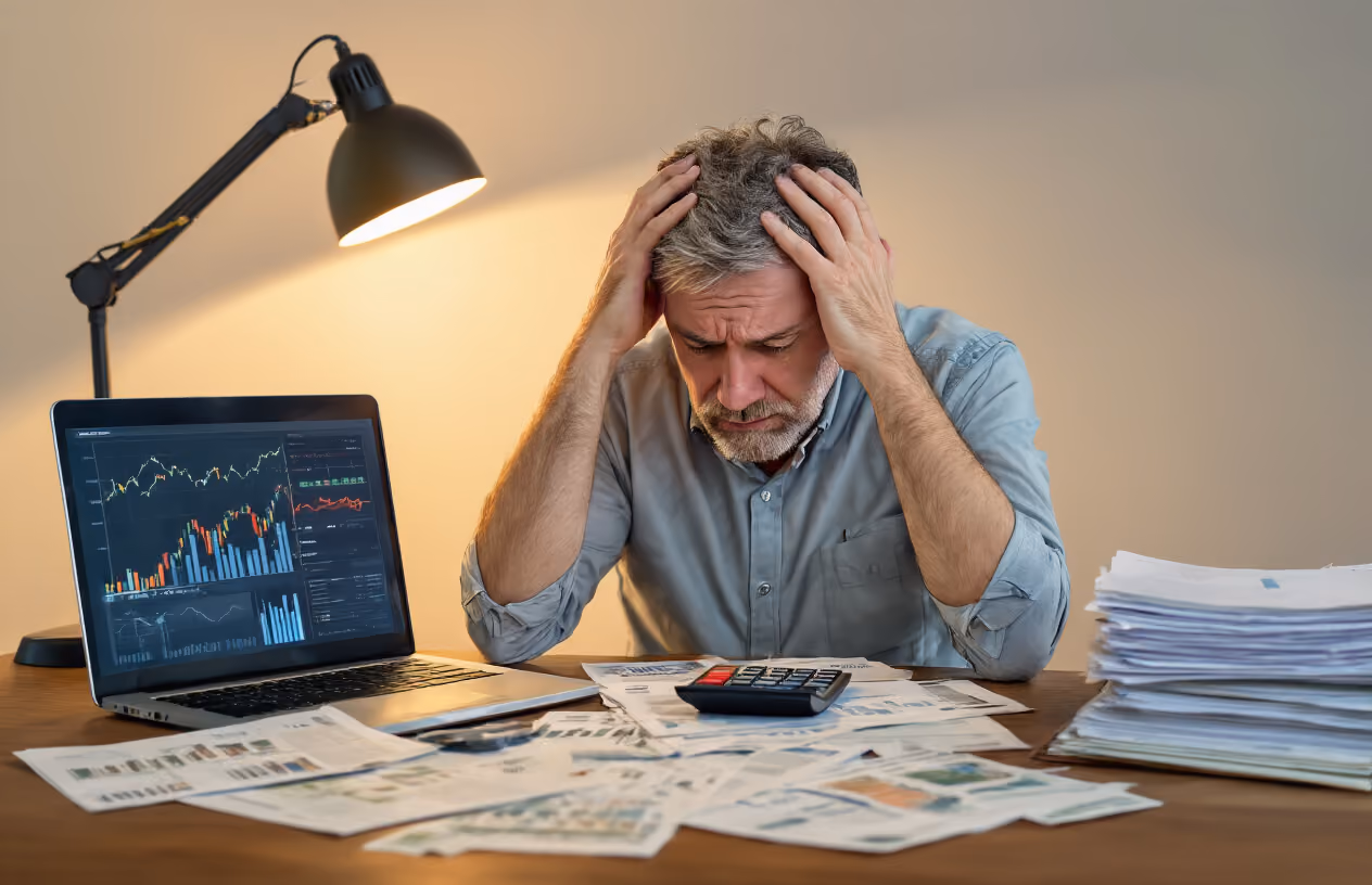 Create a realistic image of a worried middle-aged white male sitting at a wooden desk with scattered financial documents, calculator, and bills spread out, holding his head in his hands while looking at a laptop screen showing financial charts with downward trends, with a stack of legal papers and contracts nearby, warm indoor lighting from a desk lamp creating shadows, conveying stress and financial concern about investment decisions, absolutely NO text should be in the scene.