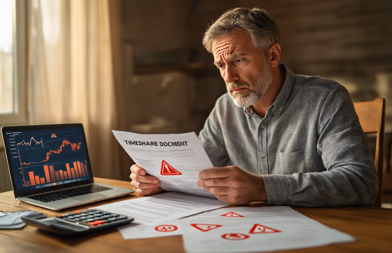 Create a realistic image of a concerned middle-aged white male sitting at a wooden desk reviewing timeshare documents with red warning signs and caution symbols scattered around the papers, a calculator showing high numbers, a contract with highlighted problematic clauses, and a laptop screen displaying financial charts with declining trends, set in a dimly lit home office with worried expressions and stressed body language, warm indoor lighting casting shadows that emphasize the serious mood, absolutely NO text should be in the scene.