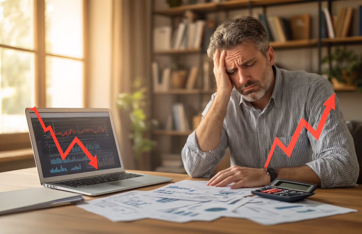 Create a realistic image of a white male in his 40s sitting at a wooden desk looking stressed and disappointed while reviewing financial documents and calculator results, with red downward trending arrow graphics overlaid on scattered timeshare contracts and investment papers, a laptop screen showing declining financial charts in the background, warm indoor lighting creating shadows that emphasize the concerned expression, modern home office setting with bookshelves, the overall mood conveying financial loss and regret, absolutely NO text should be in the scene.