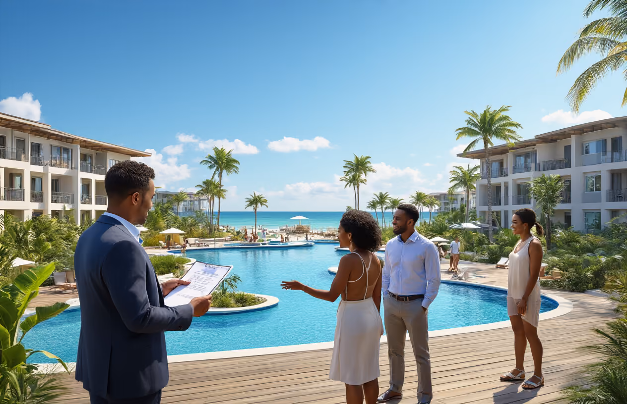 Create a realistic image of a modern resort property with multiple vacation condominiums and hotel buildings, featuring a large swimming pool area, palm trees, and tropical landscaping, with a white male real estate agent in a business suit showing property documents to a diverse group of potential buyers including a black female and white male couple, all standing on a wooden deck overlooking the resort facilities, captured in bright daylight with clear blue skies, absolutely NO text should be in the scene.