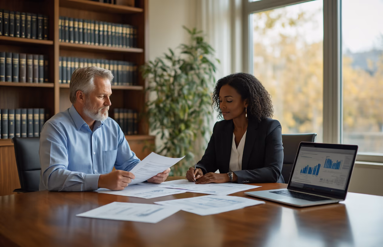 Create a realistic image of a middle-aged white male and black female sitting at a modern conference table reviewing legal documents and contracts spread across the surface, with a professional real estate attorney's office in the background featuring law books on shelves, a laptop computer open showing financial charts, and warm natural lighting from large windows, conveying a serious but hopeful consultation atmosphere about property ownership decisions, absolutely NO text should be in the scene.