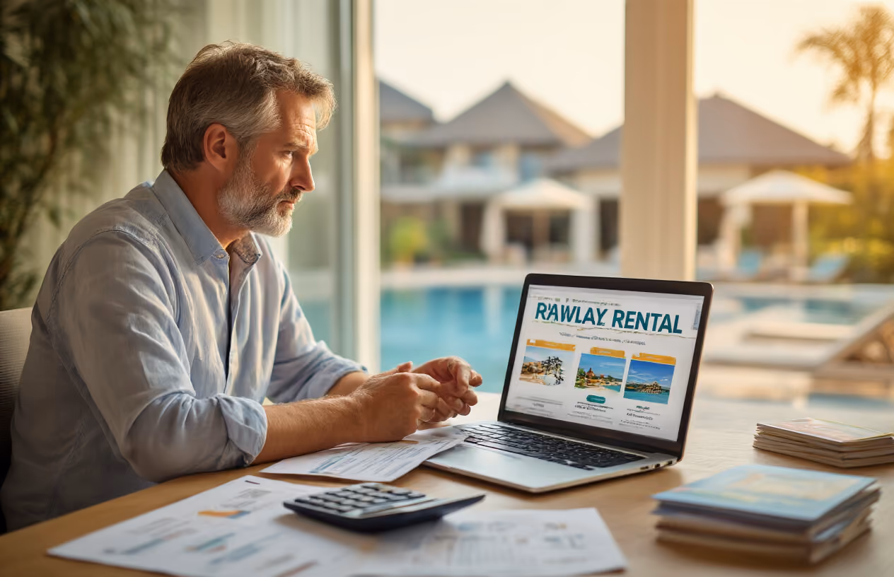 Create a realistic image of a thoughtful middle-aged white male sitting at a modern desk with documents and a calculator spread out, looking contemplatively at a laptop screen showing vacation rental listings, with a subtle background featuring a blurred luxury resort and a small stack of travel brochures, warm natural lighting streaming through a window creating a decision-making atmosphere that conveys careful financial planning and alternative vacation options, absolutely NO text should be in the scene.