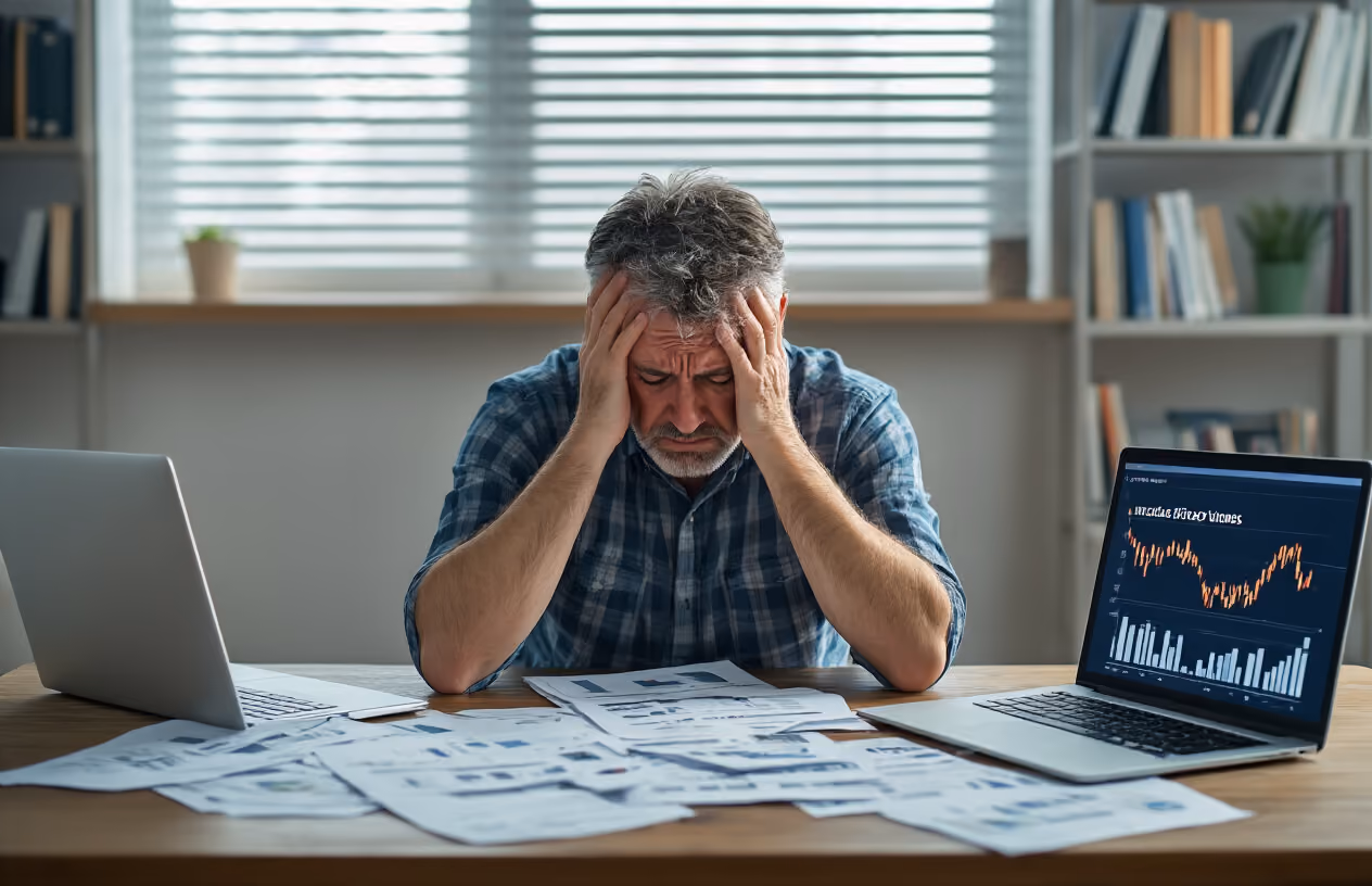 Create a realistic image of a frustrated middle-aged white male sitting at a wooden desk with his head in his hands, surrounded by scattered real estate documents and a laptop screen showing declining property values or market charts, with a dimly lit home office background featuring bookshelves and window blinds casting shadows, conveying a mood of disappointment and financial stress. Absolutely NO text should be in the scene.