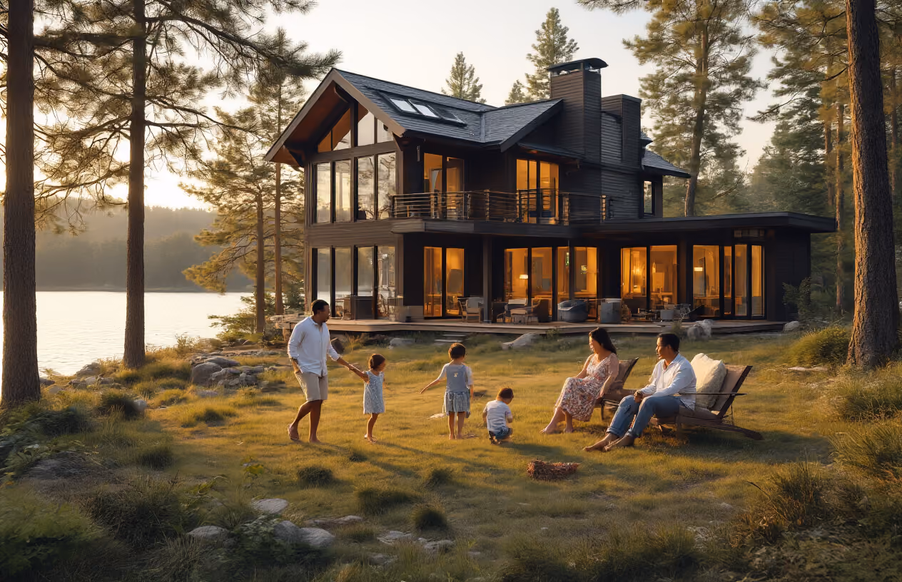 Create a realistic image of multiple families sharing a beautiful lakeside vacation home, showing a white male and black female couple with children playing in the yard while an Asian male and Hispanic female couple sits on the porch, with the large modern cabin featuring multiple levels and expansive windows in the background, surrounded by pine trees and a pristine lake, conveying a sense of shared enjoyment and community ownership in warm golden hour lighting, absolutely NO text should be in the scene.