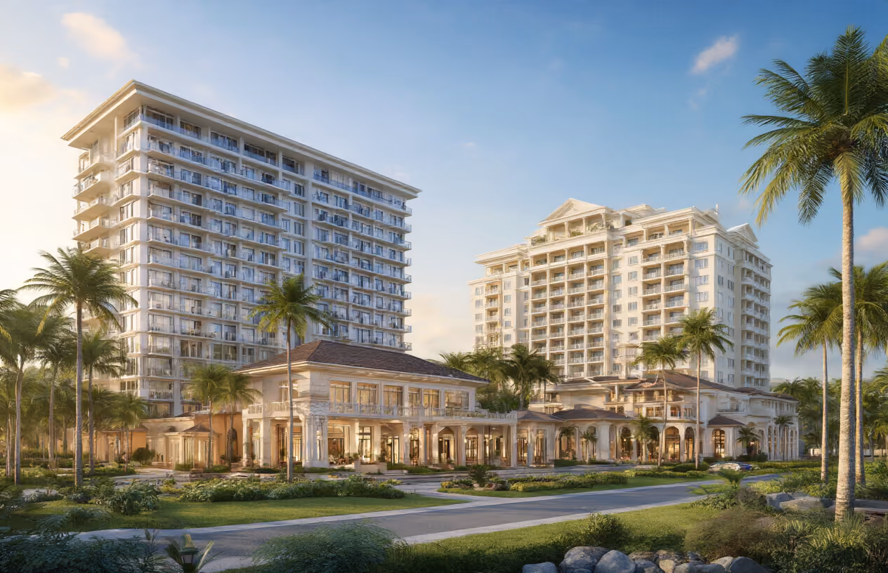 Create a realistic image of three elegant resort hotel buildings representing major timeshare brands, each with distinct architectural styles - a modern luxury resort with contemporary glass and stone design, a classic upscale hotel with traditional elegance, and a family-friendly resort with warm inviting features, all set against a tropical vacation destination backdrop with palm trees, blue skies, and manicured landscaping, shot during golden hour lighting to convey luxury and desirability, with a professional real estate marketing photography style that emphasizes the premium nature of branded timeshare properties, absolutely NO text should be in the scene.