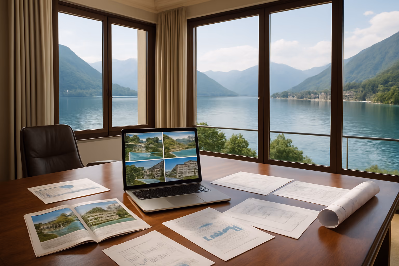 Create a realistic image of an elegant real estate office overlooking Lake Como with large windows showing the pristine lake and surrounding mountains, featuring a polished wooden desk with property brochures, architectural plans, and a laptop displaying various Lake Como villas and apartments, with price charts and market data visible on papers scattered across the desk, soft natural lighting filtering through the windows creating a professional yet inviting atmosphere, absolutely NO text should be in the scene.