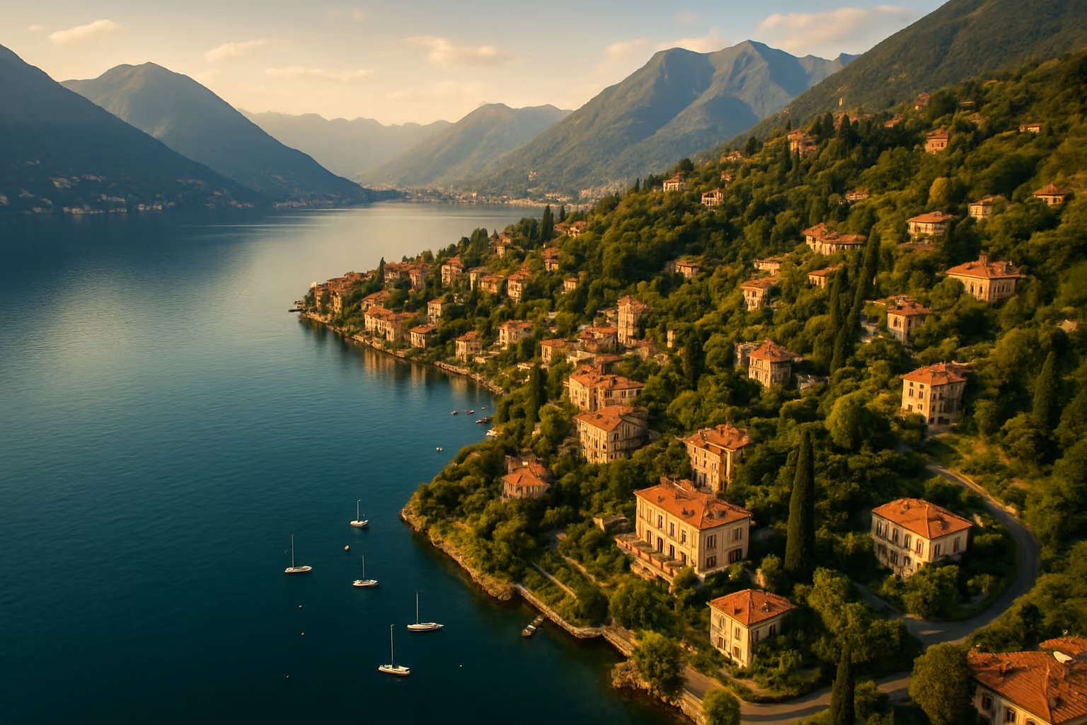 Create a realistic image of an aerial view showcasing multiple picturesque towns nestled along the shores of Lake Como, featuring elegant villas with terracotta roofs, historic buildings, and luxury properties scattered across hillsides covered in lush Mediterranean vegetation, with the pristine blue waters of the lake reflecting the surrounding mountains, charming harbors with boats, and winding roads connecting the scenic lakeside communities under soft golden hour lighting that highlights the architectural beauty and natural landscape of this iconic Italian destination, absolutely NO text should be in the scene.