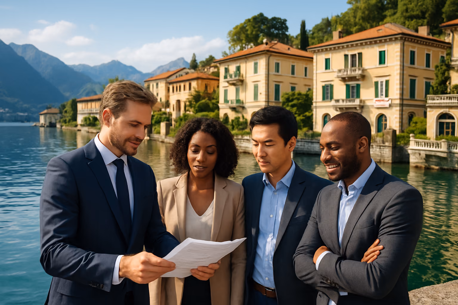 Create a realistic image of luxurious Lake Como waterfront villas and apartments with elegant architecture reflecting in the calm blue lake waters, featuring a white male real estate professional in a suit showing property documents to a diverse group of potential investors including a black female and an Asian male, with mountain backdrop, bright natural daylight, and rental signs visible on some properties indicating vacation rental opportunities, conveying prosperity and investment success through the serene yet upscale atmosphere, absolutely NO text should be in the scene.