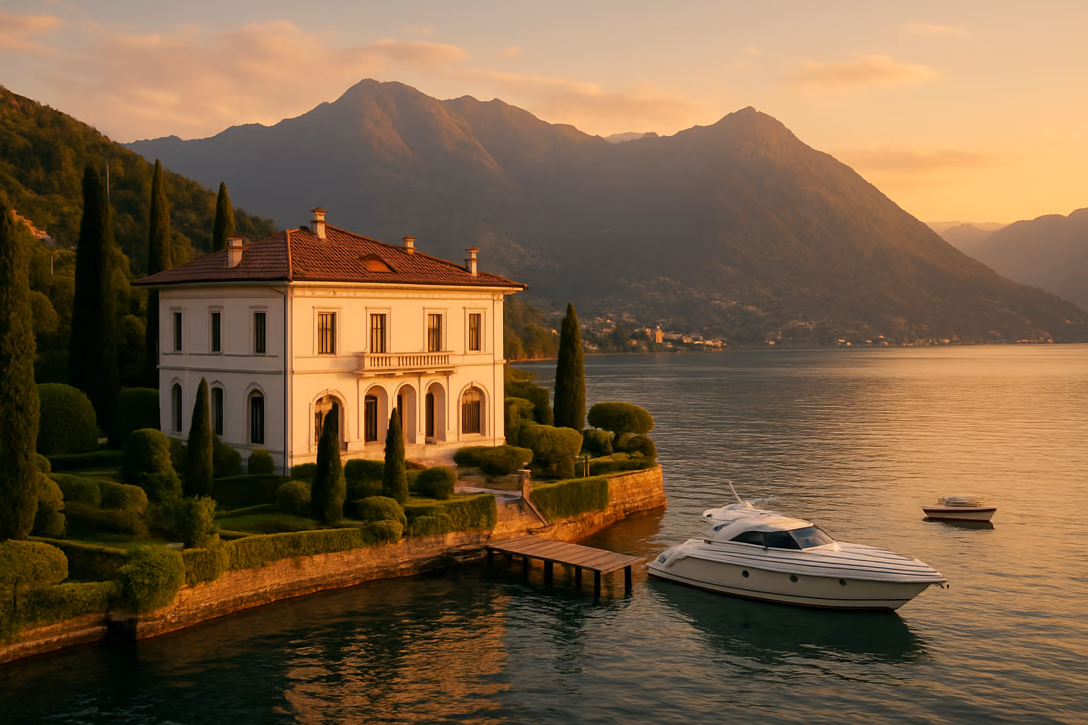 Create a realistic image of an elegant lakefront villa with pristine white facade and terracotta roof nestled along the shores of Lake Como, featuring manicured gardens with cypress trees, a private dock extending into crystal-clear blue waters, dramatic Alpine mountains rising in the background under golden hour lighting, luxury boats moored nearby, and the distant silhouette of charming Italian villages dotting the opposite shoreline, capturing the prestigious and investment-worthy atmosphere of this premier Italian destination. Absolutely NO text should be in the scene.