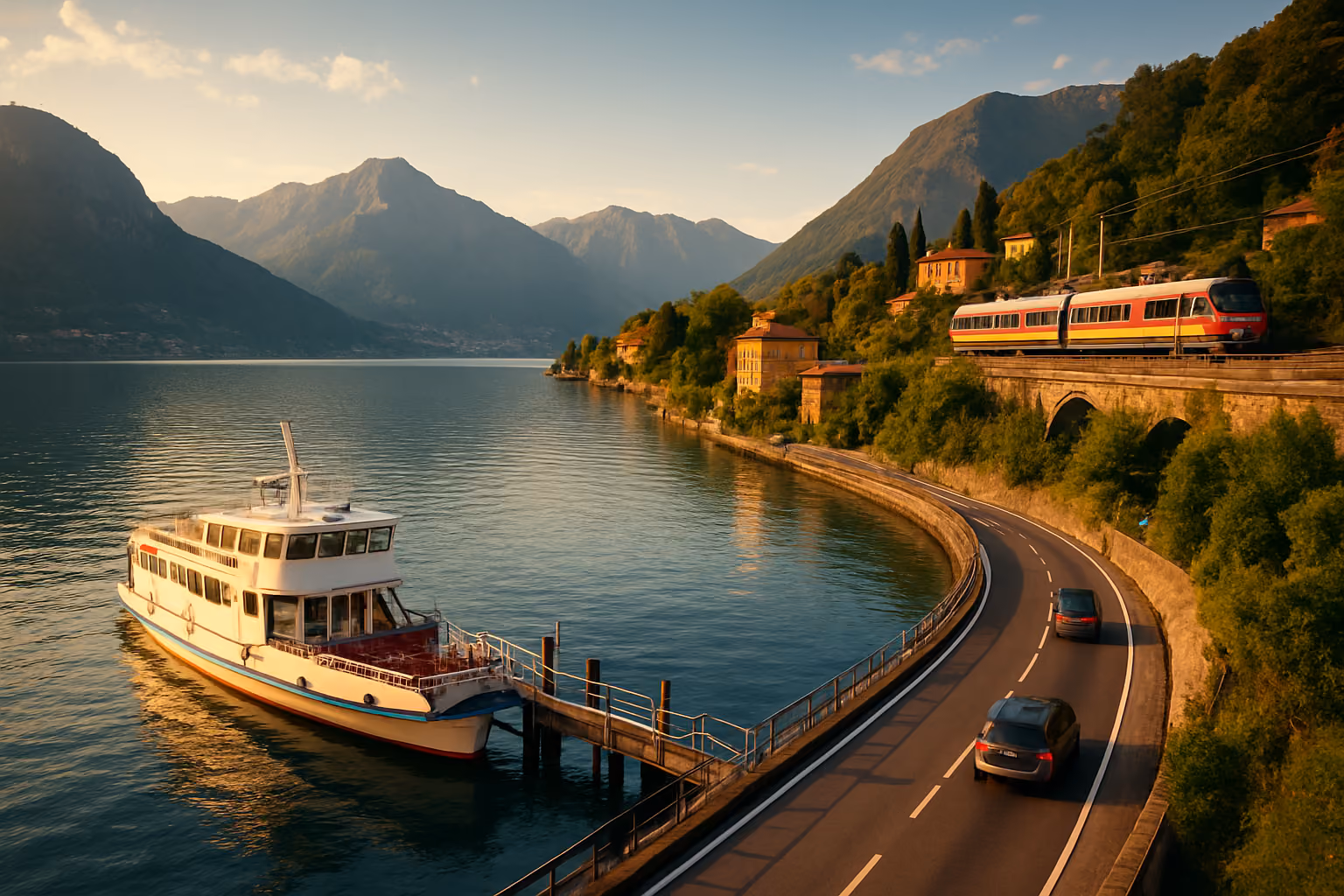 Create a realistic image of a scenic Lake Como waterfront showing multiple transportation options including a white ferry boat docked at a wooden pier, a winding lakeside road with cars driving along the shoreline, and a small regional train visible on elevated tracks in the background, all set against the dramatic Italian Alps and charming lakeside villas with terracotta roofs, captured during golden hour lighting with calm blue lake waters reflecting the surrounding mountains, emphasizing the excellent connectivity and accessibility of the region, absolutely NO text should be in the scene.