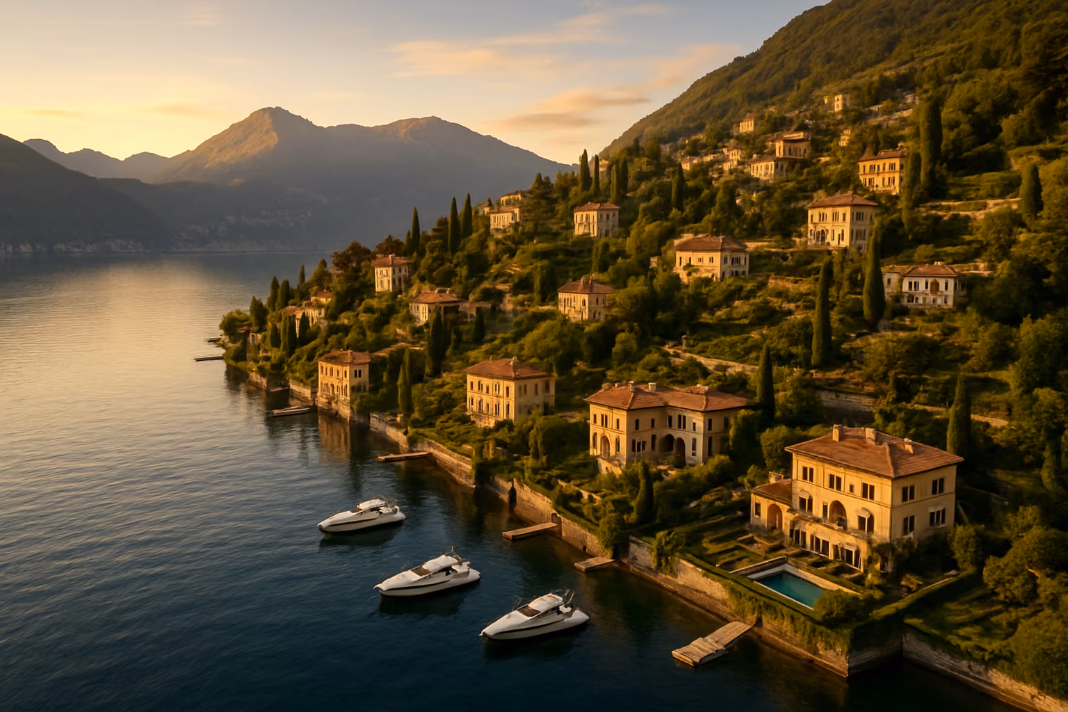 Create a realistic image of a stunning aerial view of Lake Como, Italy, showcasing luxurious waterfront villas and properties nestled along the pristine shoreline, with elegant historic buildings and modern homes dotting the hillsides, surrounded by lush Mediterranean vegetation and cypress trees, the crystal-clear blue lake reflecting the surrounding mountains and architecture, dramatic Italian Alps in the background under golden hour lighting creating warm, inviting tones across the water and buildings, several luxury boats moored at private docks, terraced gardens and swimming pools visible at select properties, conveying an atmosphere of exclusivity, investment opportunity, and timeless Italian elegance. Absolutely NO text should be in the scene.