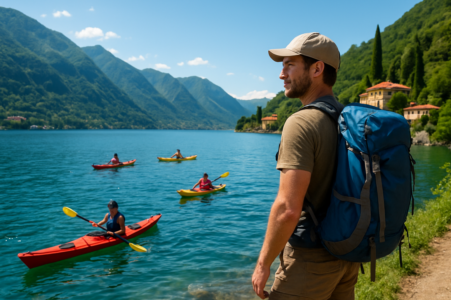 Create a realistic image of tourists enjoying outdoor activities at Lake Como with a white male hiker in the foreground wearing outdoor gear and backpack, a diverse group of kayakers paddling on the crystal-clear blue lake waters, lush green mountains rising dramatically in the background, charming Italian villas dotting the shoreline, bright sunny Mediterranean lighting creating sparkles on the water surface, verdant hiking trails visible on the mountainsides, and a sense of adventure and exploration in the scenic alpine lake setting. Absolutely NO text should be in the scene.