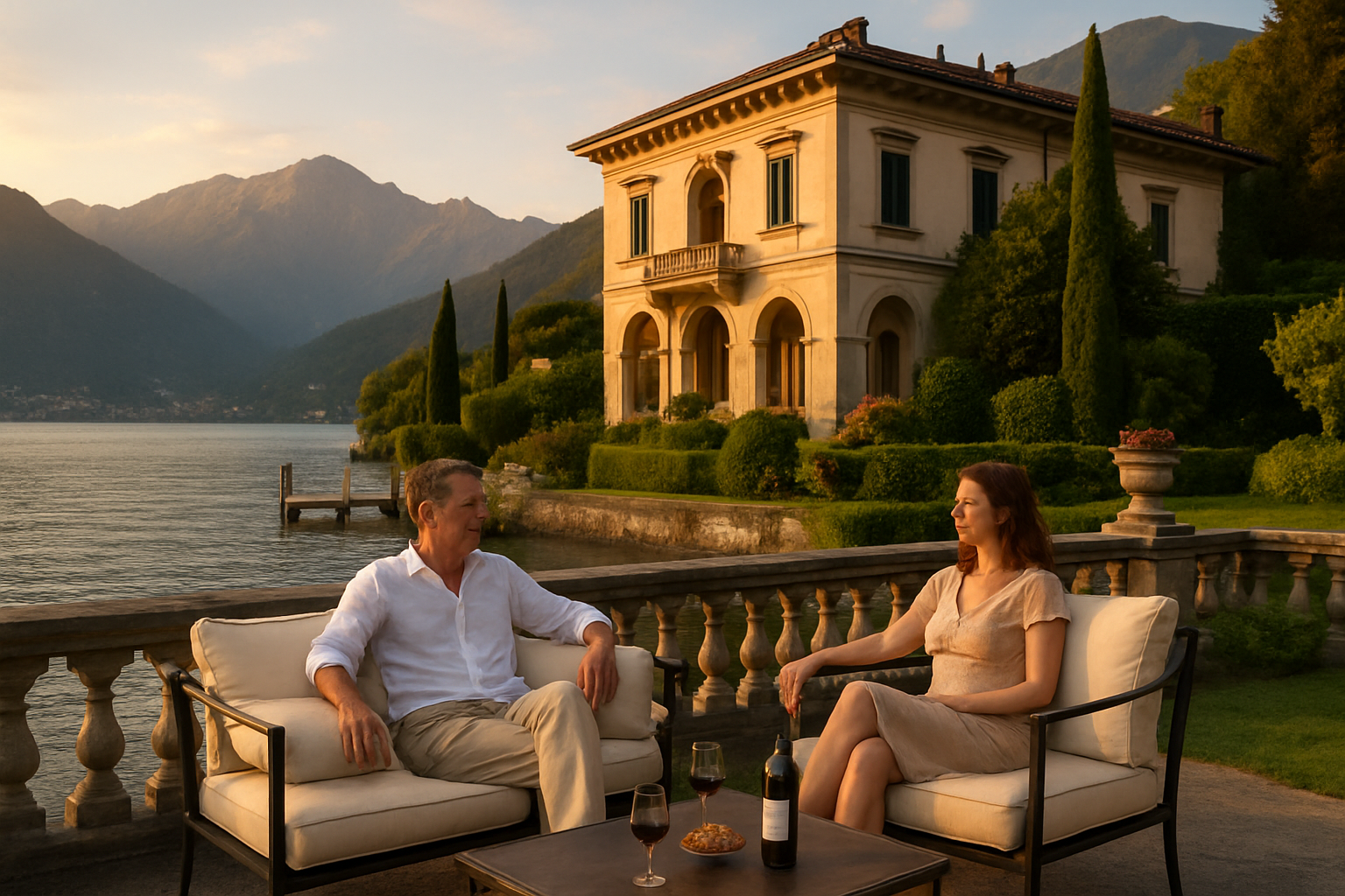 Create a realistic image of an elegant lakeside villa on Lake Como with a beautiful terrace overlooking the pristine blue water, featuring a white male and white female in their 40s relaxing on outdoor furniture as if they own the property, with the villa showcasing luxury architectural details, manicured gardens, and the dramatic Italian Alps in the background, captured during golden hour lighting that creates a warm, inviting atmosphere suggesting exclusive ownership and intimate local living rather than typical tourism, with a private dock visible and the scene conveying a sense of belonging and authentic Italian lake life experience, absolutely NO text should be in the scene.