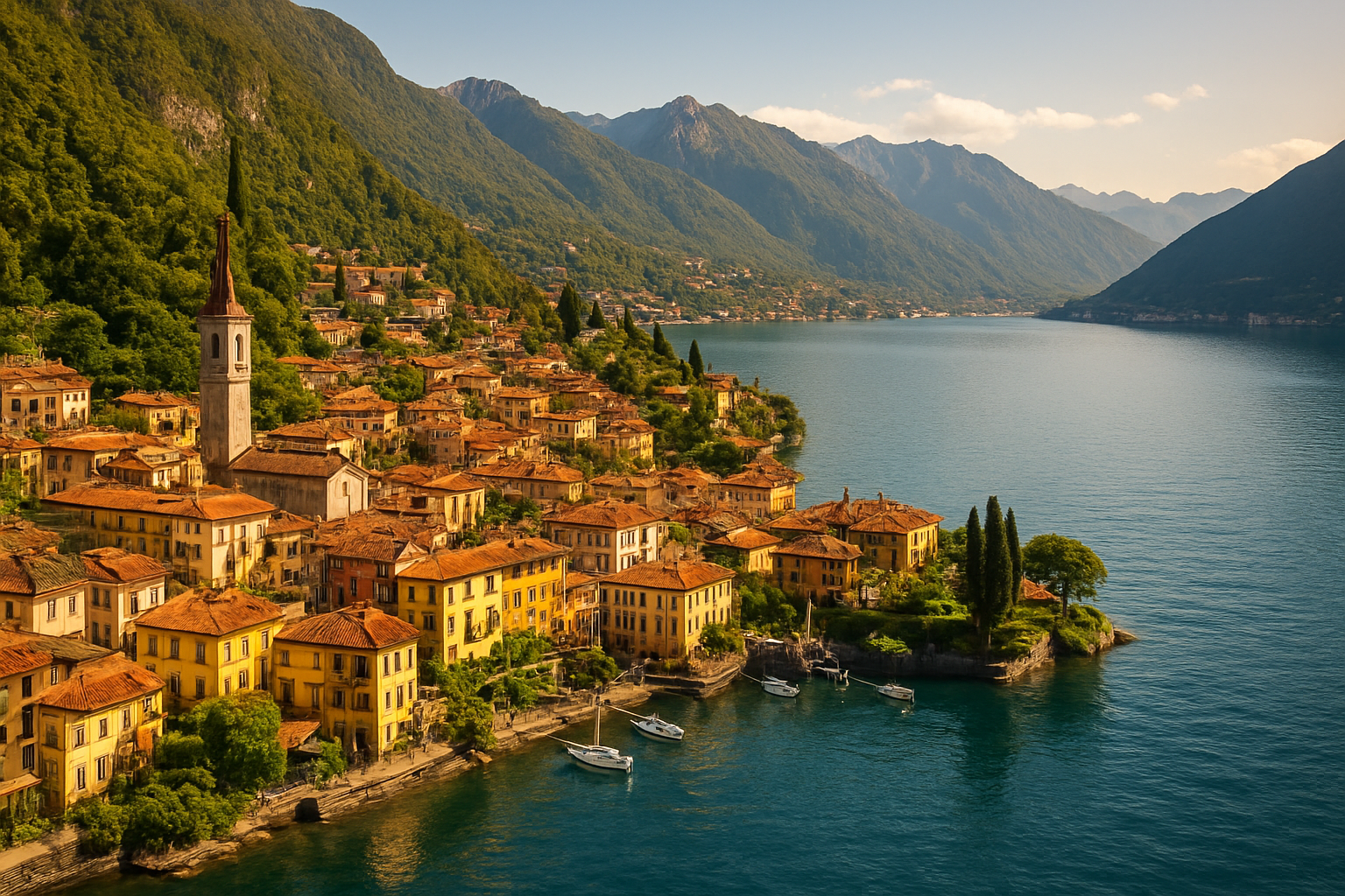 Create a realistic image of a panoramic view showcasing multiple charming Italian lakeside towns and villages along Lake Como's shoreline, featuring colorful historic buildings with terracotta roofs cascading down hillsides toward the crystal-clear blue lake water, ancient bell towers and church spires dotting the landscape, lush green mountains rising dramatically in the background, elegant villas with manicured gardens visible among the settlements, small boats moored in peaceful harbors, warm golden afternoon sunlight illuminating the entire scene creating a serene and inviting Mediterranean atmosphere, absolutely NO text should be in the scene.