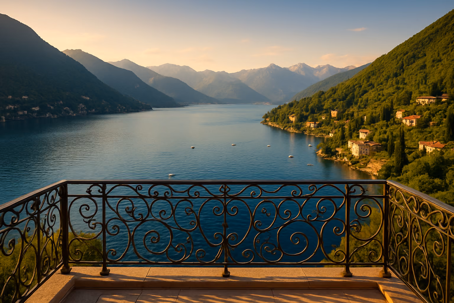Create a realistic image of a stunning panoramic view of Lake Como from an elevated terrace or balcony perspective, featuring the pristine blue lake waters surrounded by lush green mountains and charming Italian villas dotting the shoreline, with elegant wrought iron railings in the foreground suggesting a luxury property viewpoint, warm golden hour lighting creating a serene and inviting atmosphere, scattered boats on the lake surface, and the distant Alps creating a majestic backdrop, capturing the essence of exclusive lakeside living and the ultimate Lake Como experience, absolutely NO text should be in the scene.