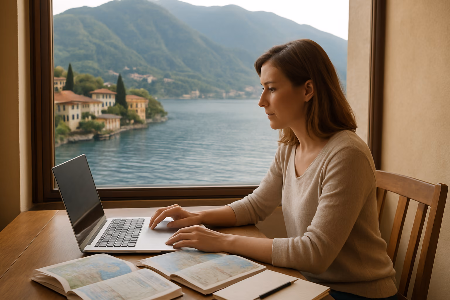 Create a realistic image of a white female traveler in her 30s sitting at a wooden desk overlooking Lake Como's pristine blue waters, with an open laptop, travel guidebook, printed maps, and a notebook with pen spread across the surface, surrounded by Italian villa architecture with terracotta roofs and lush green mountains in the background, soft natural lighting from a nearby window, conveying a peaceful planning atmosphere. Absolutely NO text should be in the scene.