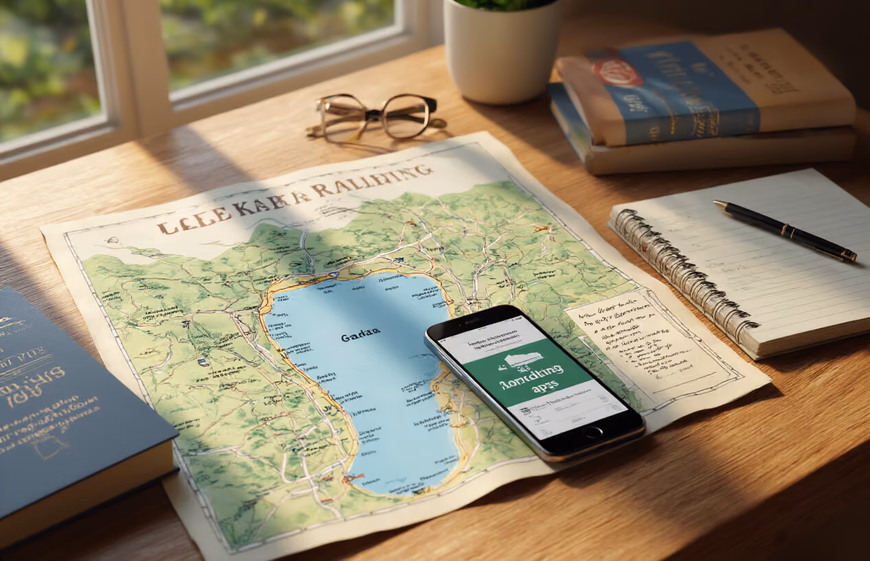 Create a realistic image of a travel planning scene with an open map of Lake Garda spread on a wooden table, surrounded by travel guidebooks, a smartphone displaying hotel booking apps, a notepad with handwritten itinerary notes, a pen, and reading glasses, with soft natural lighting from a nearby window creating warm shadows across the planning materials, conveying an organized and thoughtful travel preparation atmosphere. Absolutely NO text should be in the scene.