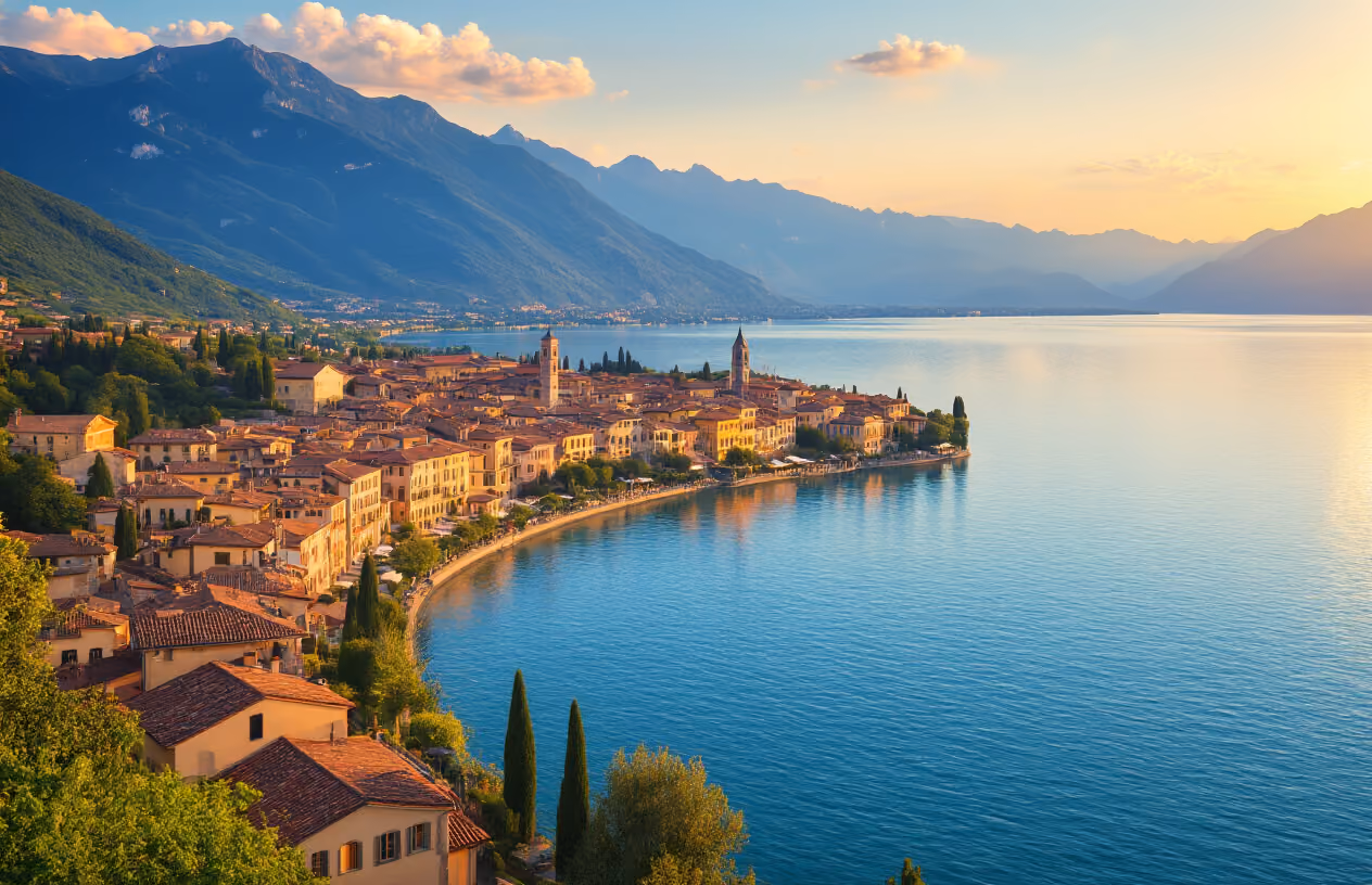Create a realistic image of a stunning panoramic view of Lake Garda during golden hour, showcasing multiple charming Italian towns dotted along the pristine blue lake shoreline with their terracotta rooftops and historic architecture, surrounded by lush green mountains and cypress trees, with elegant lakeside villas and properties visible in the foreground, warm golden sunlight casting a romantic glow over the entire scene, peaceful water reflecting the sky and settlements, conveying a sense of luxury, tranquility and the perfect Italian lakeside lifestyle, shot from an elevated viewpoint that captures the full beauty and appeal of the region, absolutely NO text should be in the scene.