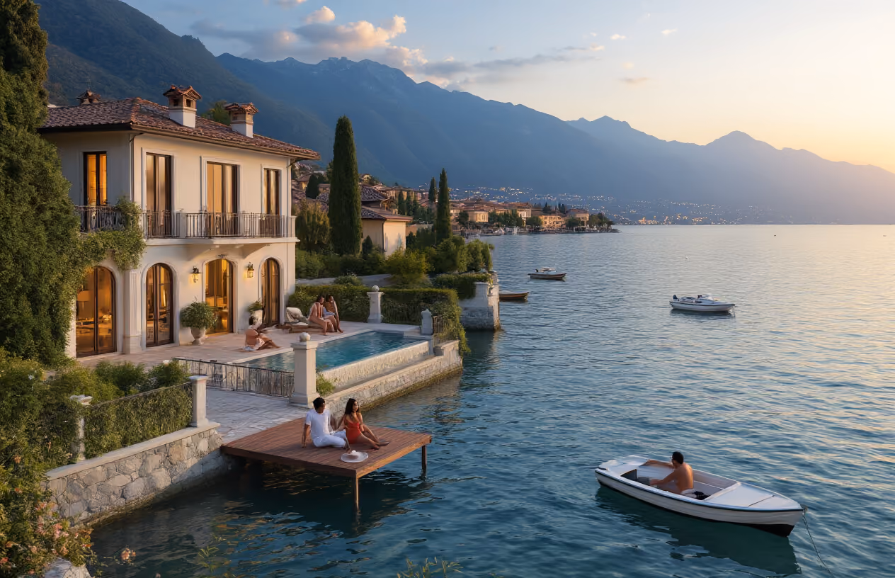 Create a realistic image of a stunning lakeside villa on Lake Garda with multiple families enjoying the property together, showing a white male and female couple on a terrace overlooking the lake while a black male and Asian female couple relaxes by a private dock below, with the crystal blue waters of Lake Garda stretching toward distant mountains, lush Mediterranean gardens surrounding an elegant Italian-style villa with terracotta roof tiles, warm golden hour lighting creating a welcoming atmosphere that suggests shared ownership and community living, boats gently floating on the calm lake surface, and the charming town lights beginning to twinkle along the shoreline in the background, absolutely NO text should be in the scene.