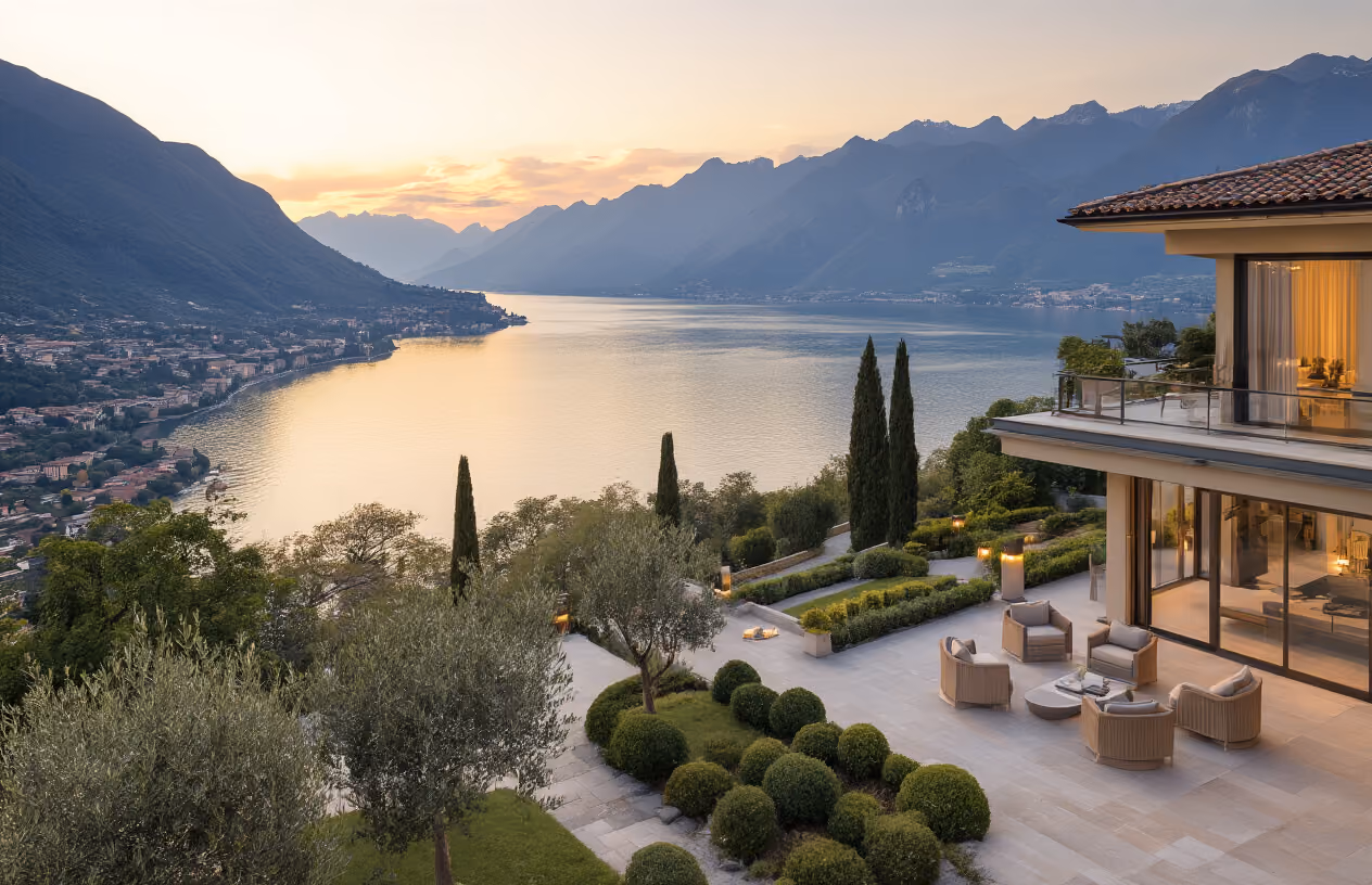 Create a realistic image of a luxurious modern villa with large panoramic windows overlooking two distinct Italian lakes in the distance, showing Lake Como's dramatic mountains on the left and Lake Garda's gentler shores on the right, with elegant outdoor terrace furniture, Mediterranean landscaping with olive trees and cypress, warm golden hour lighting creating a serene atmosphere, emphasizing the concept of having access to both lake destinations from one prime location, shot from an elevated perspective to showcase the stunning dual lake views, absolutely NO text should be in the scene.