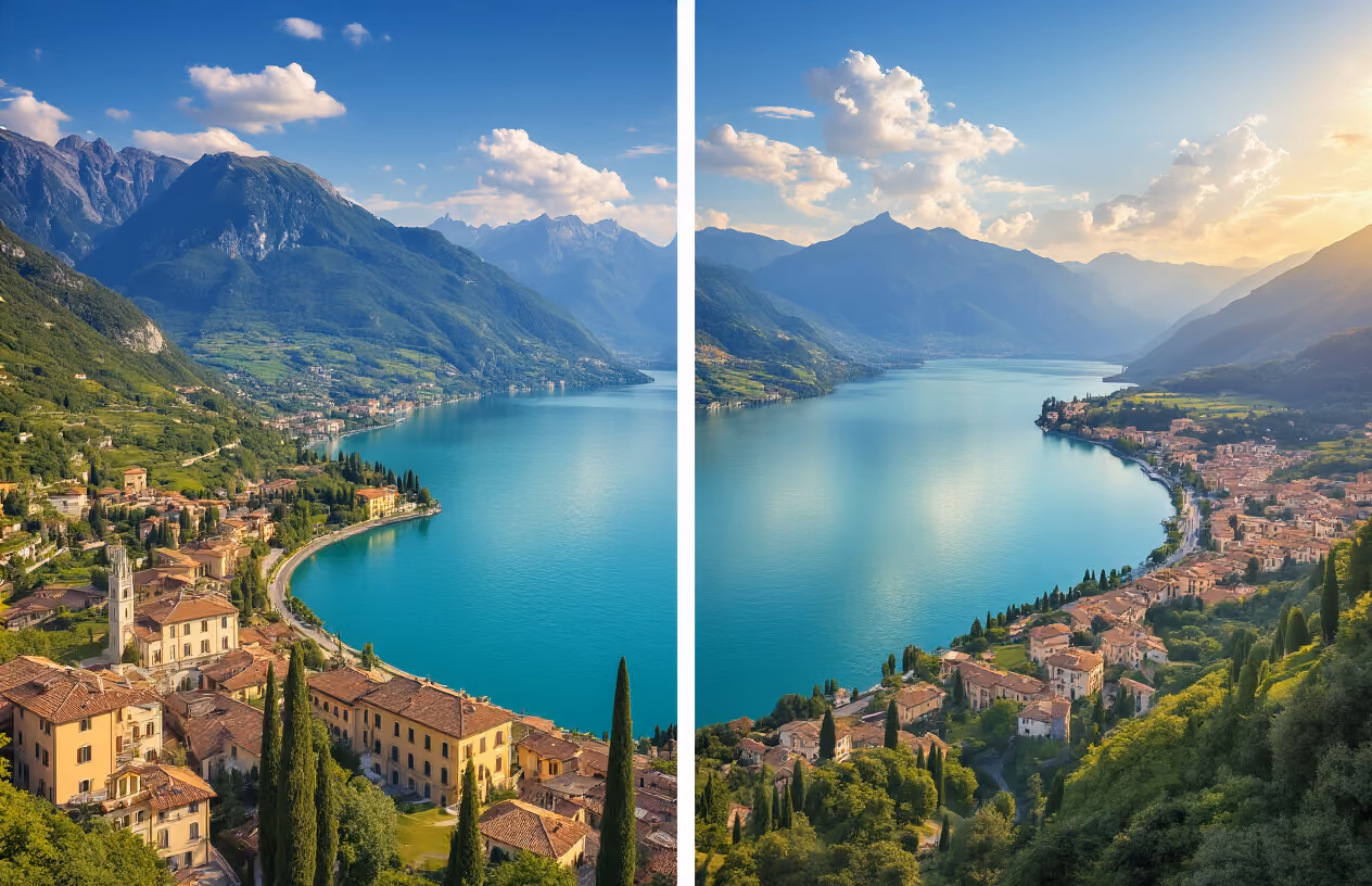 Create a realistic image of a split-screen aerial view showing Lake Como on the left side and Lake Garda on the right side of the frame, both Italian lakes displaying their distinctive characteristics with Como's dramatic mountainous terrain and elegant villas along the shoreline, and Garda's broader expanse with rolling hills and charming lakeside towns, crystal clear turquoise waters reflecting the surrounding landscapes, lush green vegetation and cypress trees dotting the hillsides, traditional Italian architecture visible along both coastlines, warm golden hour lighting creating a serene and inviting atmosphere that captures the natural beauty and appeal of both destinations, puffy white clouds in a bright blue sky, absolutely NO text should be in the scene.