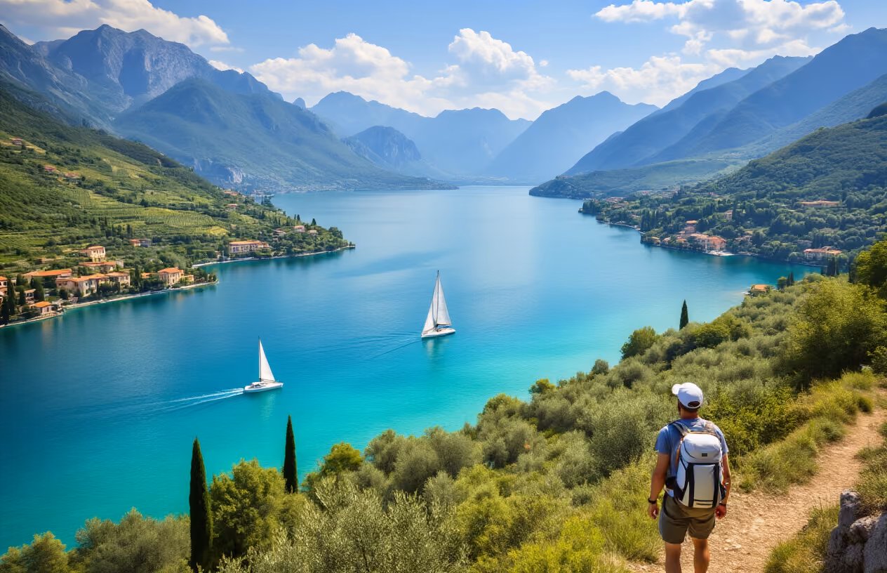 Create a realistic image of a stunning Italian lake landscape showcasing outdoor recreational activities, featuring crystal-clear turquoise waters surrounded by dramatic mountains and lush green hills, with a white male hiker in the foreground wearing outdoor gear and backpack standing on a scenic trail, a sailboat gliding across the lake surface, dense Mediterranean vegetation including olive trees and cypresses covering the hillsides, a few traditional Italian villas nestled among the greenery, bright sunny afternoon lighting with soft clouds, conveying an atmosphere of adventure and natural beauty perfect for outdoor enthusiasts, shot from an elevated viewpoint to capture the expansive lake and mountain scenery, absolutely NO text should be in the scene.