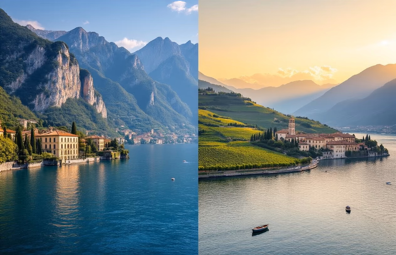 Create a realistic image of a stunning split-screen comparison showcasing both Lake Como and Lake Garda's scenic beauty, featuring Lake Como's dramatic mountainous backdrop with steep cliffs, elegant villas, and deep blue waters on the left side, and Lake Garda's wider expanse with rolling hills, olive groves, and Mediterranean vegetation on the right side, captured during golden hour with warm sunlight illuminating the crystal-clear waters, lush green landscapes, and picturesque Italian architecture dotting the shorelines, with small boats gently floating on the serene lake surfaces, creating a peaceful and breathtaking natural panorama that highlights the distinct geographical beauty of both Italian lakes. Absolutely NO text should be in the scene.