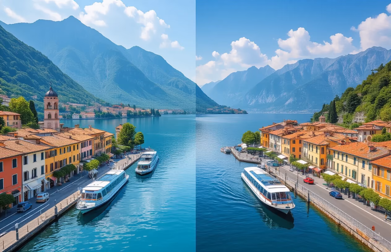 Create a realistic image of a split-screen comparison showing transportation options at two Italian lakes, with ferries and boats docked at pristine lakeside piers on both sides, mountain backdrops reflecting in calm blue waters, elegant lakefront towns with colorful buildings cascading down hillsides, modern buses and cars visible on scenic coastal roads winding around the lakes, bright Mediterranean sunlight creating a welcoming atmosphere, absolutely NO text should be in the scene.