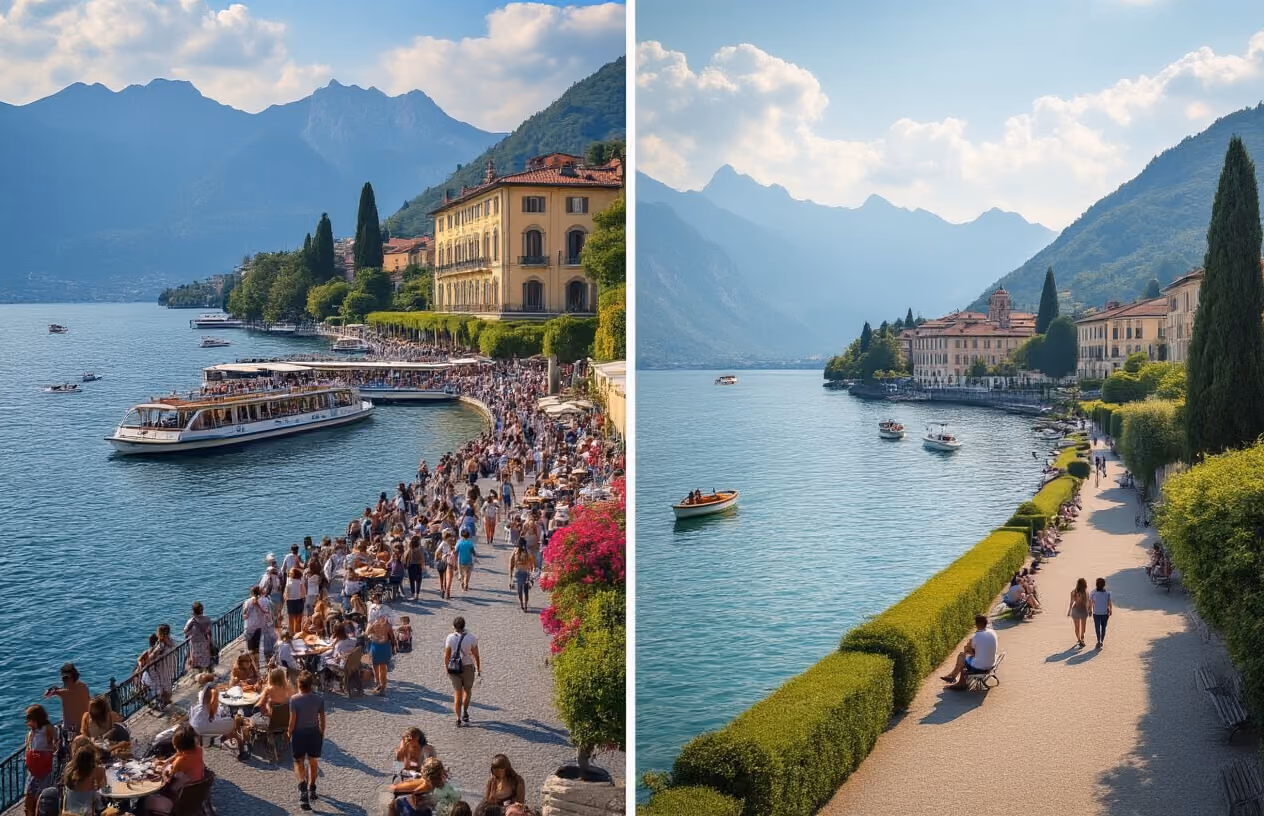 Create a realistic image of a split scene comparison showing two Italian lake destinations with contrasting crowd levels, featuring the left side with a bustling lakefront promenade filled with diverse tourists of various races and genders walking, dining at outdoor cafes, and taking photos near ornate villa gardens and busy boat docks with multiple tour boats, while the right side shows a more serene lake setting with fewer visitors peacefully strolling along quiet waterfront paths, scattered couples sitting on benches, and minimal boat traffic on calm blue waters, both scenes set during golden hour lighting with dramatic Alpine mountains in the background, lush Mediterranean vegetation, and elegant Italian architecture, absolutely NO text should be in the scene.