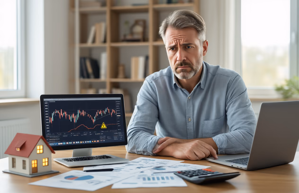 Create a realistic image of a concerned middle-aged white male sitting at a wooden desk with financial documents scattered around, calculator nearby, and a laptop screen showing declining investment charts, with a small model house and warning symbols subtly placed on the desk, soft natural lighting from a window creating a thoughtful yet worried atmosphere, modern home office background with bookshelves, absolutely NO text should be in the scene.