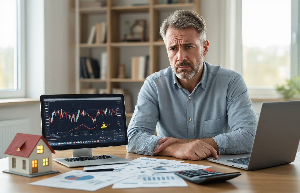 Create a realistic image of a concerned middle-aged white male sitting at a wooden desk with financial documents scattered around, calculator nearby, and a laptop screen showing declining investment charts, with a small model house and warning symbols subtly placed on the desk, soft natural lighting from a window creating a thoughtful yet worried atmosphere, modern home office background with bookshelves, absolutely NO text should be in the scene.