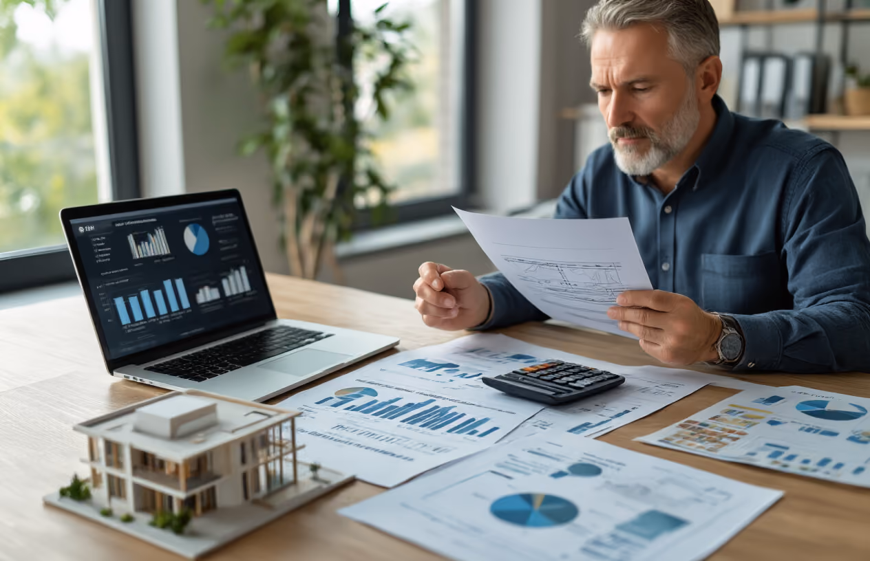 Create a realistic image of a middle-aged white male investor sitting at a modern desk reviewing financial documents and charts related to property investment, with a laptop displaying pie charts and investment analytics, a calculator, and printed reports spread across the desk, alongside a small architectural model of a luxury vacation home, set in a bright professional office environment with natural lighting from a window, conveying a focused and analytical mood as he evaluates investment options, absolutely NO text should be in the scene.