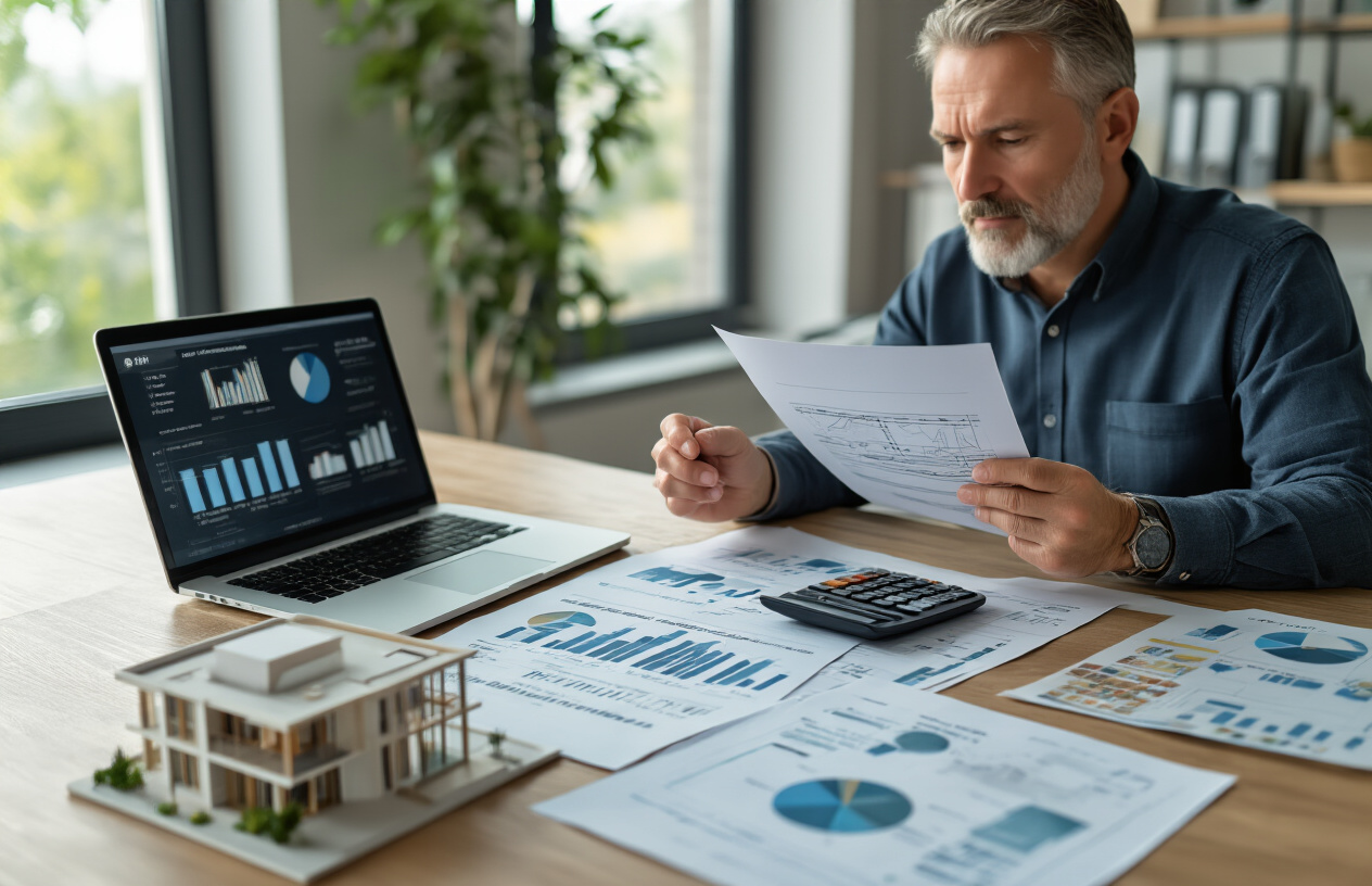 Create a realistic image of a middle-aged white male investor sitting at a modern desk reviewing financial documents and charts related to property investment, with a laptop displaying pie charts and investment analytics, a calculator, and printed reports spread across the desk, alongside a small architectural model of a luxury vacation home, set in a bright professional office environment with natural lighting from a window, conveying a focused and analytical mood as he evaluates investment options, absolutely NO text should be in the scene.