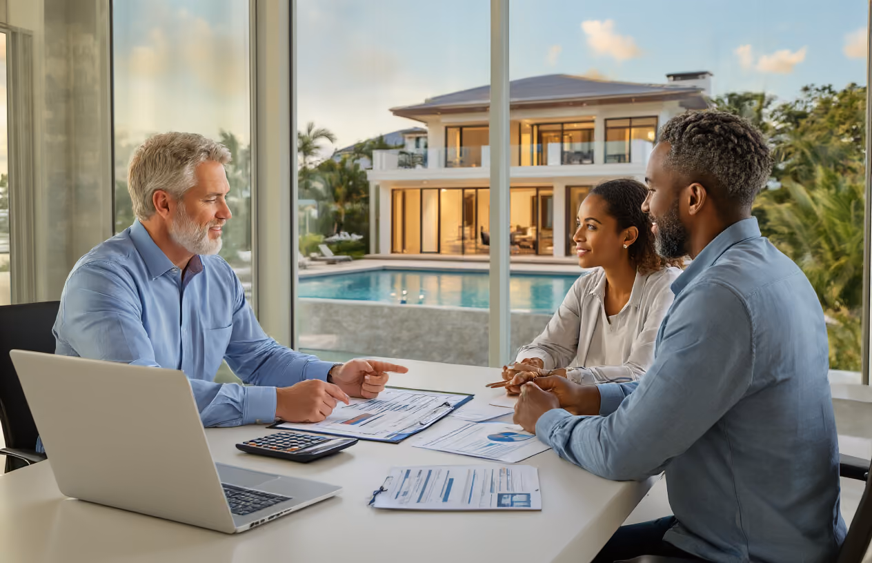 Create a realistic image of a professional white male financial advisor in his 40s sitting at a modern desk with a laptop, calculator, and financial documents spread out, pointing to a checklist on paper while a diverse couple (black female and white male) in their 30s sits across from him listening attentively, with a large window showing a luxury beachfront vacation home in the background, warm natural lighting creating a consultative atmosphere in a contemporary office setting, absolutely NO text should be in the scene.