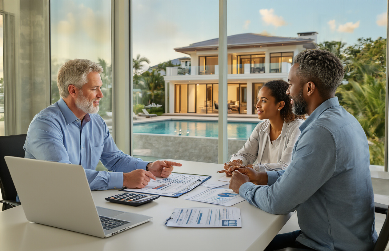 Create a realistic image of a professional white male financial advisor in his 40s sitting at a modern desk with a laptop, calculator, and financial documents spread out, pointing to a checklist on paper while a diverse couple (black female and white male) in their 30s sits across from him listening attentively, with a large window showing a luxury beachfront vacation home in the background, warm natural lighting creating a consultative atmosphere in a contemporary office setting, absolutely NO text should be in the scene.