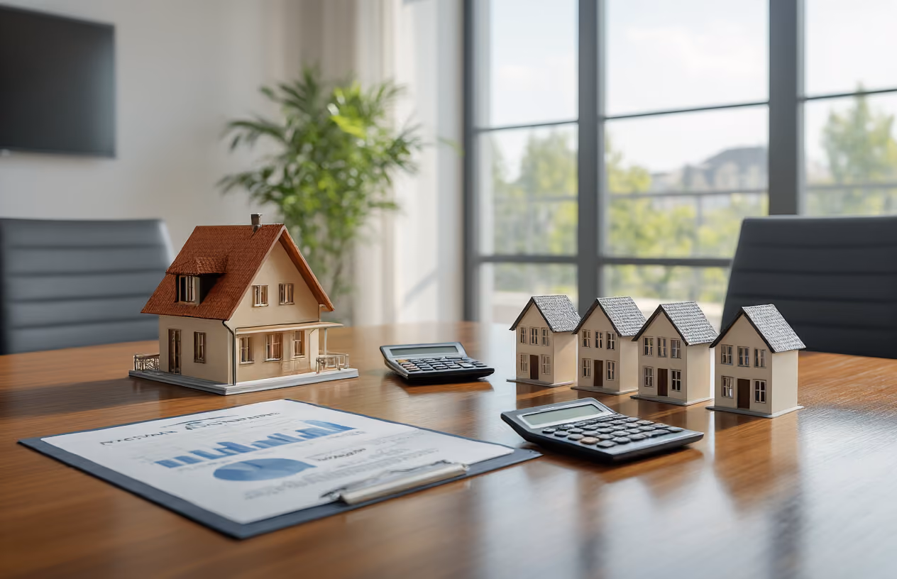 Create a realistic image of a modern conference table with two distinct property investment scenarios side by side - on the left, a single traditional vacation home model or miniature house representing full ownership, and on the right, multiple smaller house models arranged in a group representing fractional ownership shares, with professional financial documents, calculators, and investment charts spread across the polished wooden table surface, set in a bright, well-lit office environment with large windows showing natural daylight, creating a clean and professional business consultation atmosphere, absolutely NO text should be in the scene.