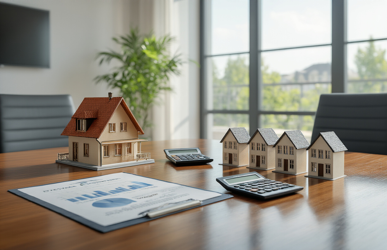 Create a realistic image of a modern conference table with two distinct property investment scenarios side by side - on the left, a single traditional vacation home model or miniature house representing full ownership, and on the right, multiple smaller house models arranged in a group representing fractional ownership shares, with professional financial documents, calculators, and investment charts spread across the polished wooden table surface, set in a bright, well-lit office environment with large windows showing natural daylight, creating a clean and professional business consultation atmosphere, absolutely NO text should be in the scene.