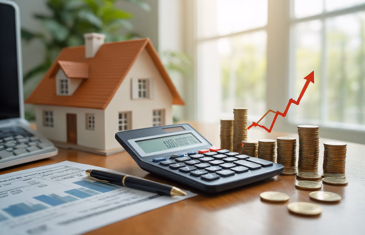 Create a realistic image of a modern calculator and financial charts showing upward trending graphs placed on a polished wooden desk, with a miniature house model, stacks of coins, and dollar bills arranged around them, complemented by a pen and financial documents, set in a bright professional office environment with natural lighting from a nearby window, conveying a mood of financial success and smart investment planning, absolutely NO text should be in the scene.