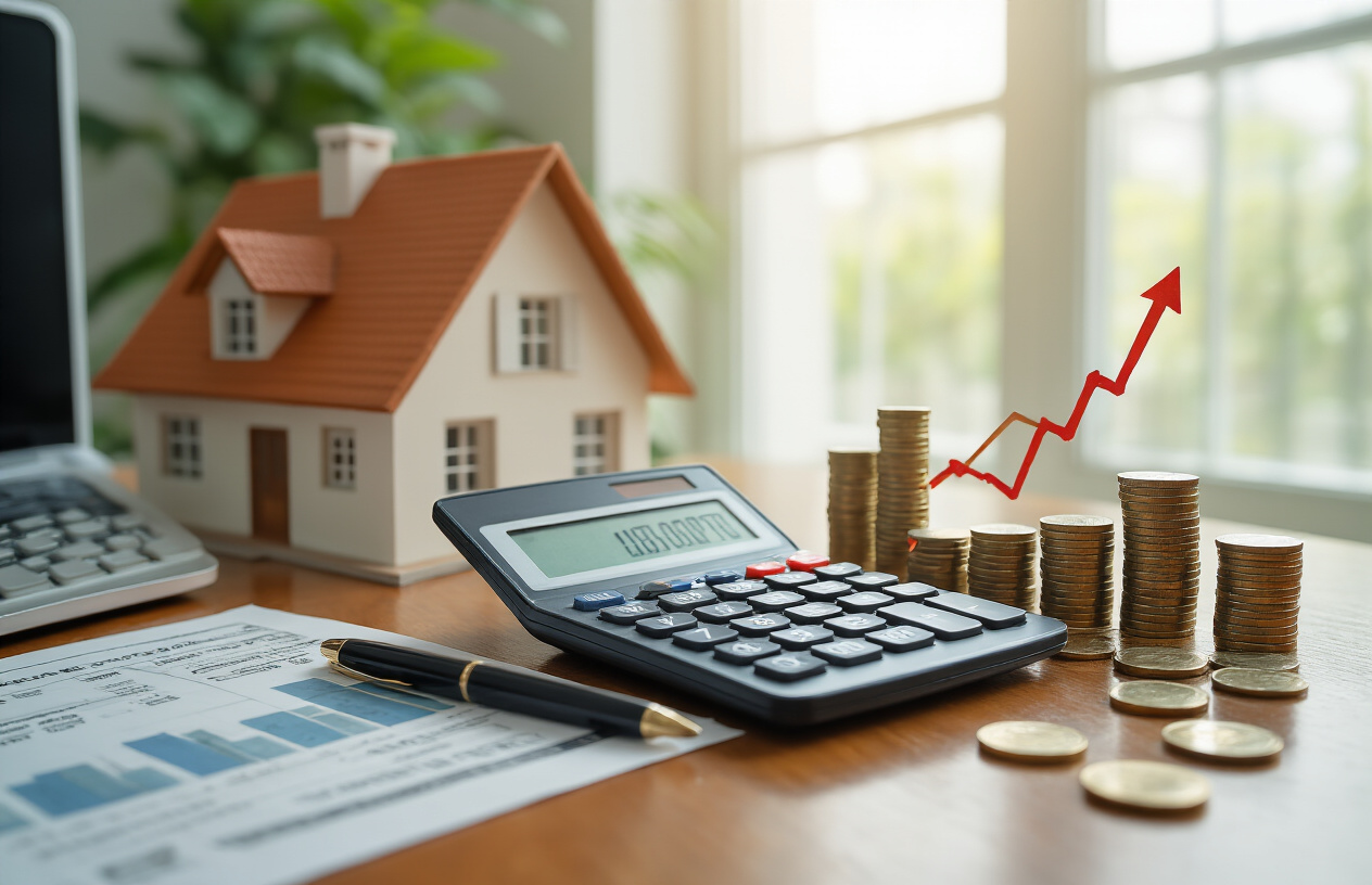 Create a realistic image of a modern calculator and financial charts showing upward trending graphs placed on a polished wooden desk, with a miniature house model, stacks of coins, and dollar bills arranged around them, complemented by a pen and financial documents, set in a bright professional office environment with natural lighting from a nearby window, conveying a mood of financial success and smart investment planning, absolutely NO text should be in the scene.