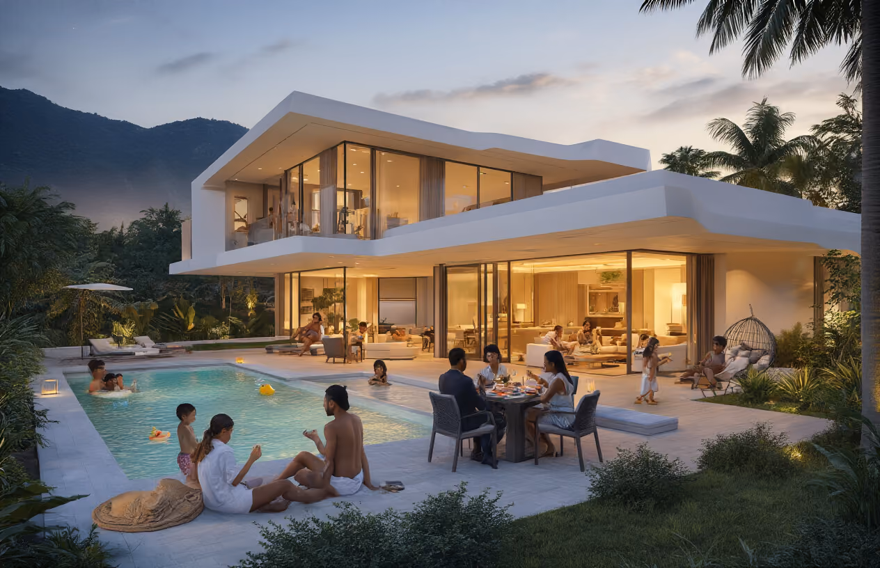 Create a realistic image of a modern luxury vacation home with a sleek architectural design, featuring multiple families enjoying different areas simultaneously - a white family relaxing on a poolside deck, a black family having dinner on an outdoor terrace, and an Asian family playing in the garden area, showcasing the shared usage concept of fractional ownership, with warm golden hour lighting creating an inviting atmosphere, lush landscaping, and mountain or ocean views in the background suggesting an upscale vacation destination, absolutely NO text should be in the scene.