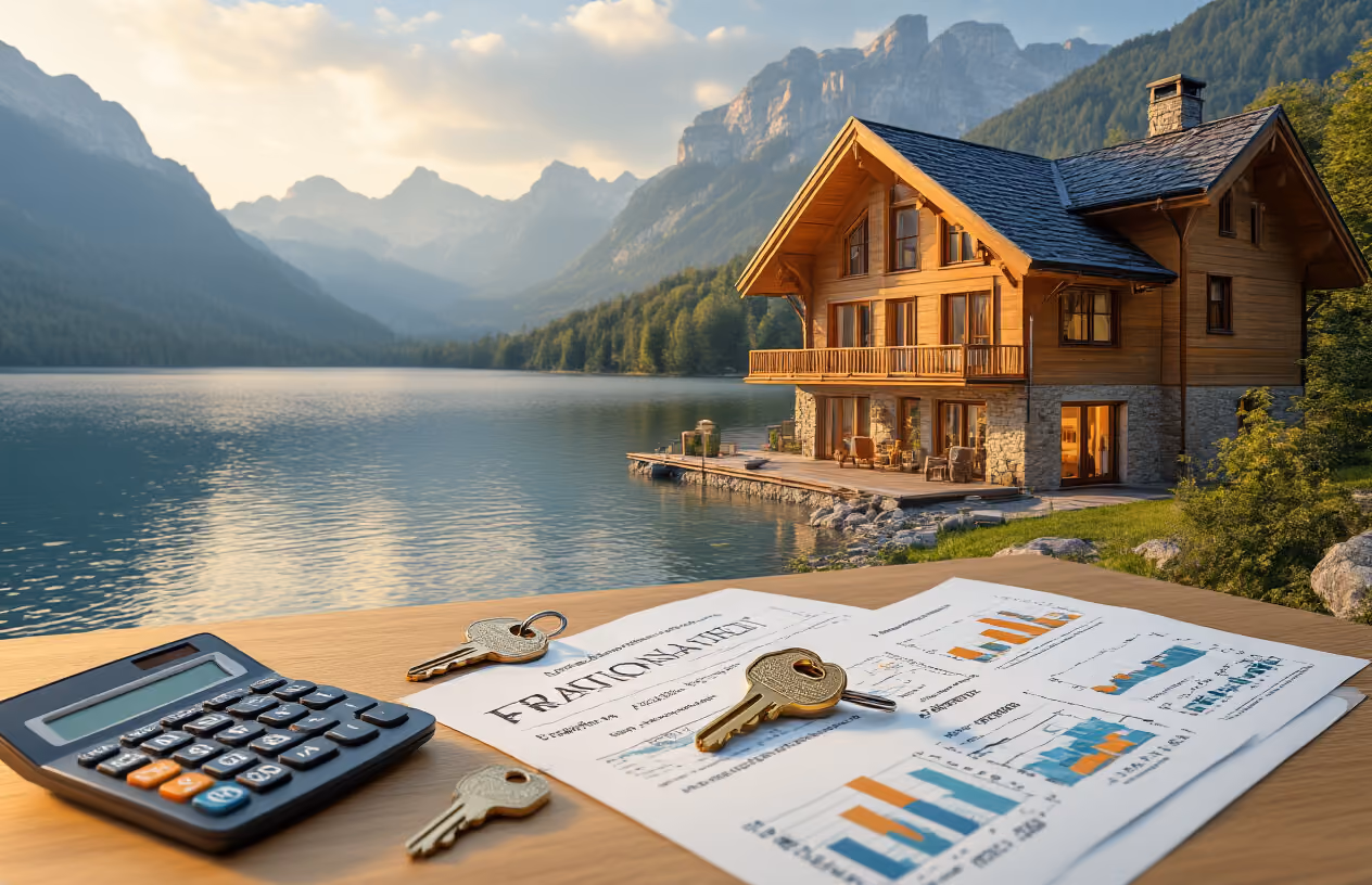 Create a realistic image of a modern vacation home with a beautiful lakeside or mountain backdrop, featuring a split-screen or layered composition showing traditional house keys on one side and multiple colorful fractional ownership certificates or documents on the other side, with a calculator and financial charts subtly placed on a wooden table in the foreground, all bathed in warm golden hour lighting that conveys success and smart decision-making, with the vacation home appearing welcoming and luxurious in the background. Absolutely NO text should be in the scene.