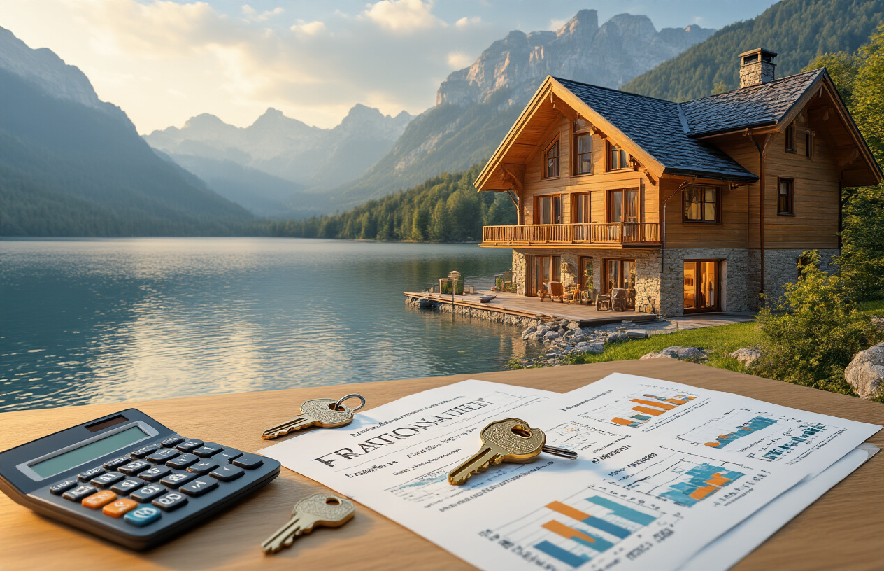 Create a realistic image of a modern vacation home with a beautiful lakeside or mountain backdrop, featuring a split-screen or layered composition showing traditional house keys on one side and multiple colorful fractional ownership certificates or documents on the other side, with a calculator and financial charts subtly placed on a wooden table in the foreground, all bathed in warm golden hour lighting that conveys success and smart decision-making, with the vacation home appearing welcoming and luxurious in the background. Absolutely NO text should be in the scene.