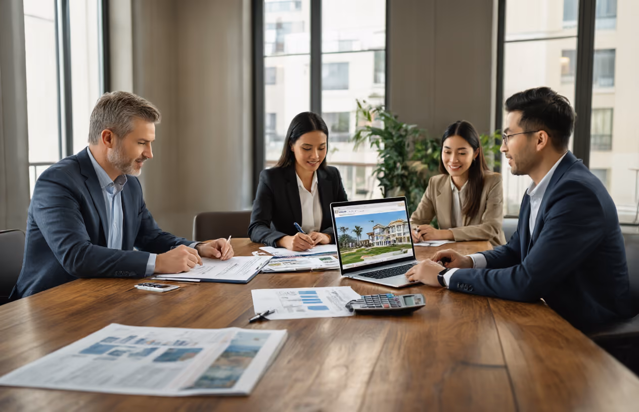 Create a realistic image of a modern conference room with a large wooden table where diverse group of people including a white male real estate agent, a black female investor, and an Asian male potential buyer are sitting around reviewing documents and property brochures, with a laptop displaying property listings open on the table, elegant office setting with large windows showing natural daylight, professional and collaborative atmosphere, with calculators, pens, and legal paperwork spread across the table, warm lighting creating an inviting business environment, absolutely NO text should be in the scene.