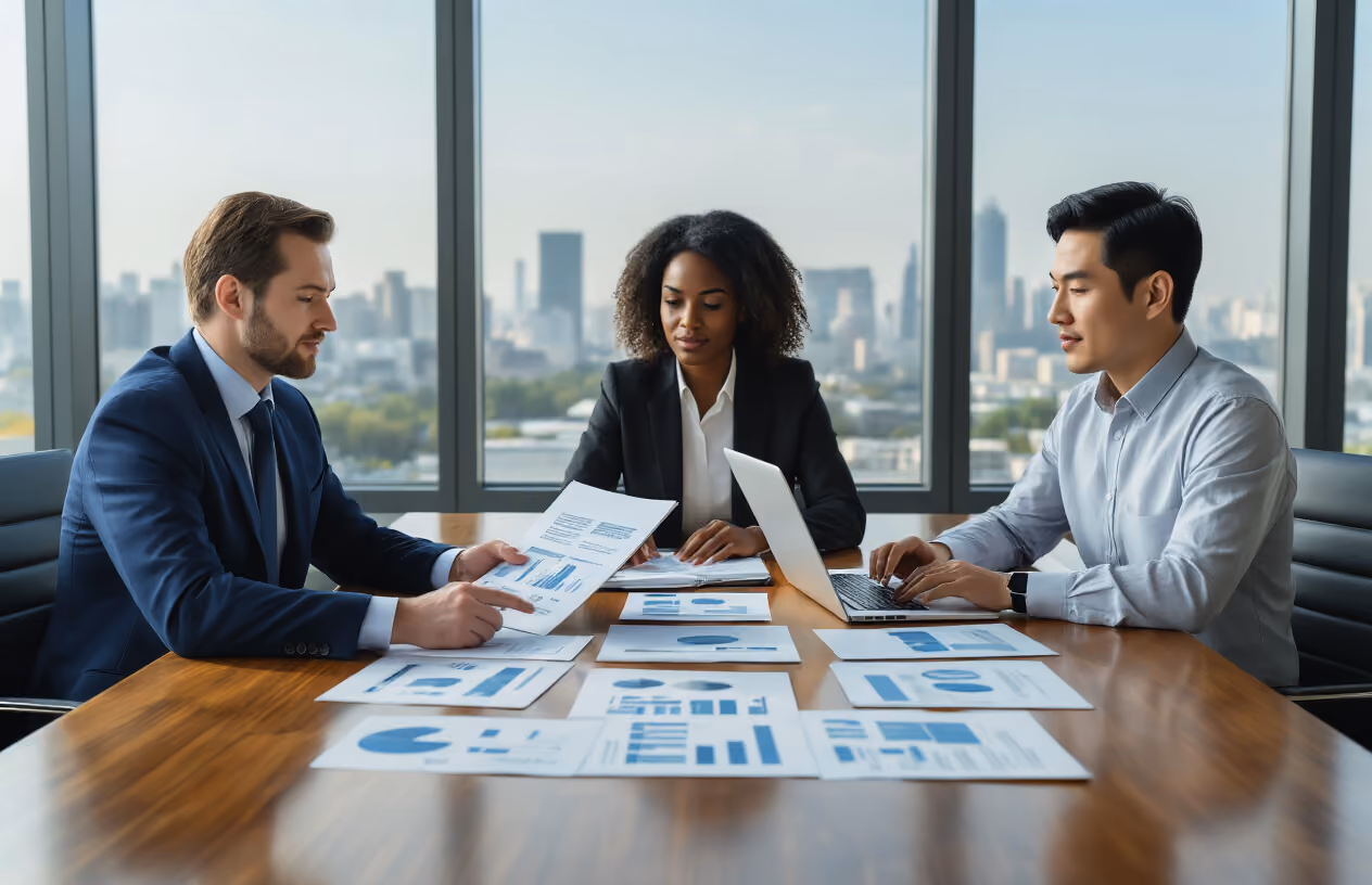 Create a realistic image of a diverse group of three professionals sitting around a modern conference table reviewing documents and laptops, including a white male in a navy suit, a black female in professional attire, and an Asian male in business casual clothing, with multiple company brochures, contracts, and comparison charts spread across the polished wooden table, set in a bright contemporary office space with floor-to-ceiling windows showing city views, warm natural lighting, and a clean minimalist background with neutral colors, conveying a serious decision-making atmosphere as they evaluate different business options, absolutely NO text should be in the scene.