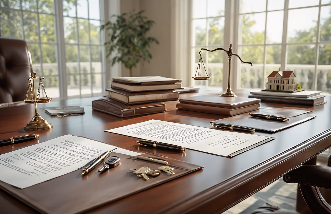 Create a realistic image of a polished mahogany conference table with multiple legal documents, contracts, and property papers spread across the surface, alongside elegant fountain pens, a few sets of house keys, and a small scale model of a vacation home, with professional leather-bound folders and document binders neatly arranged, set in a bright, modern law office with large windows showing natural daylight, creating a trustworthy and professional atmosphere that conveys legal security and organization, absolutely NO text should be in the scene.